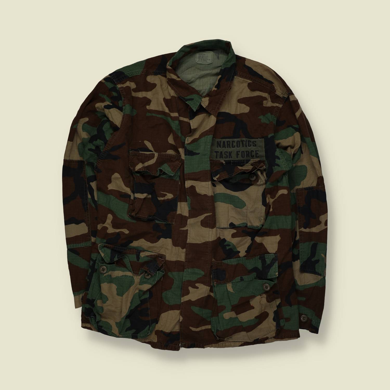 1980s–1990s | US Army | Woodland Camouflage BDU Combat Shirt | Narcotics Task Force – XL
