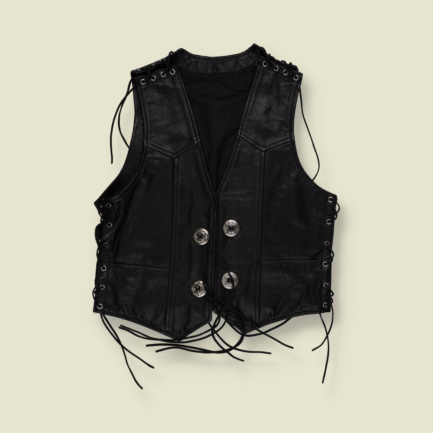 1980s | Western Style Leather Vest | Black Concho Button – M