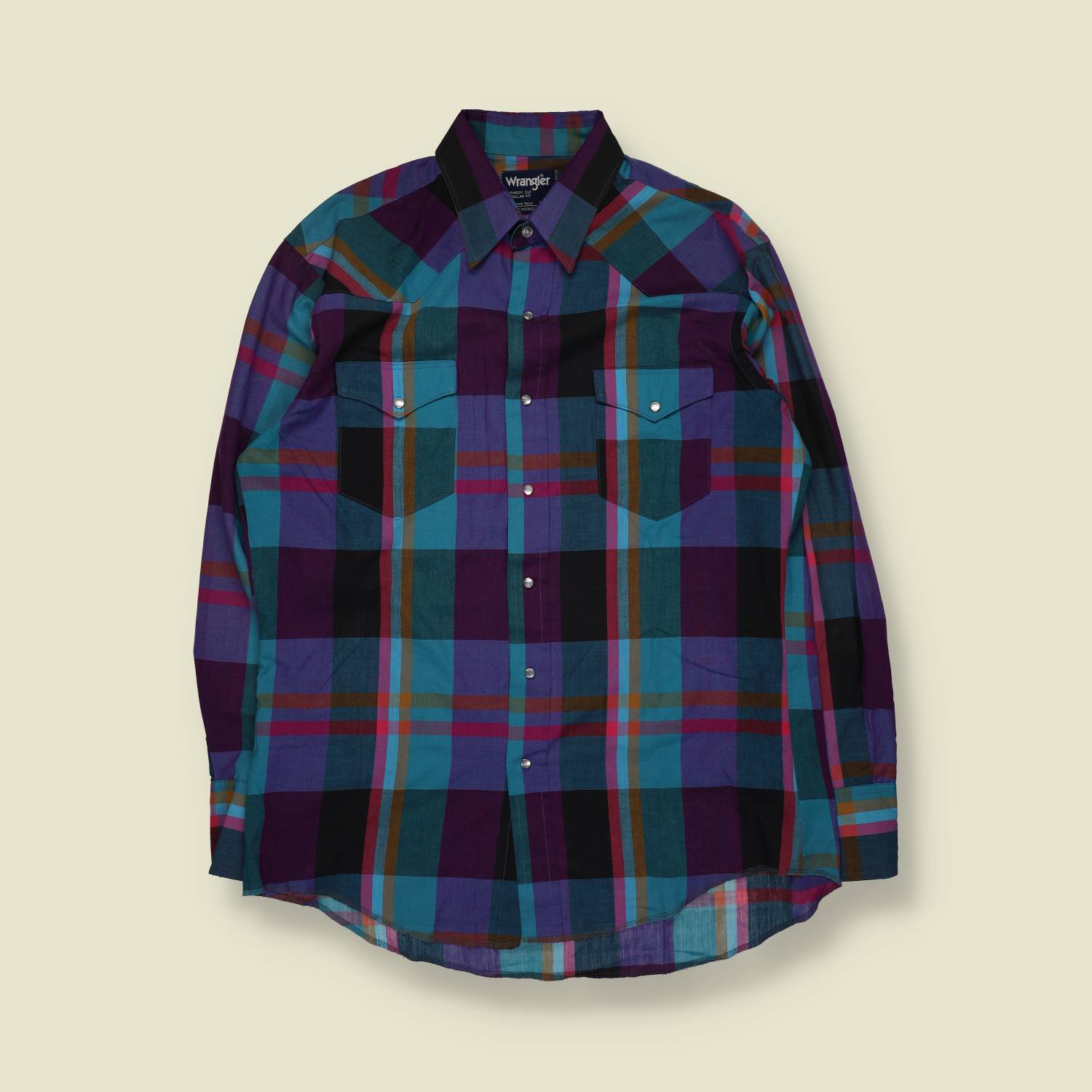 Early 1990s | Wrangler | Western Plaid Cowboy Shirt | Teal, Purple & Black – XL