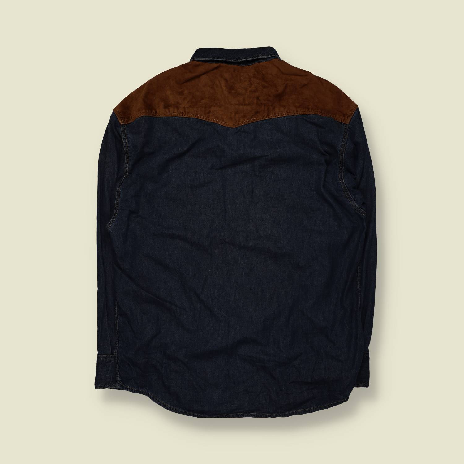 1980s–1990s | System | Denim & Suede Western Shirt | Indigo & Brown – XXL