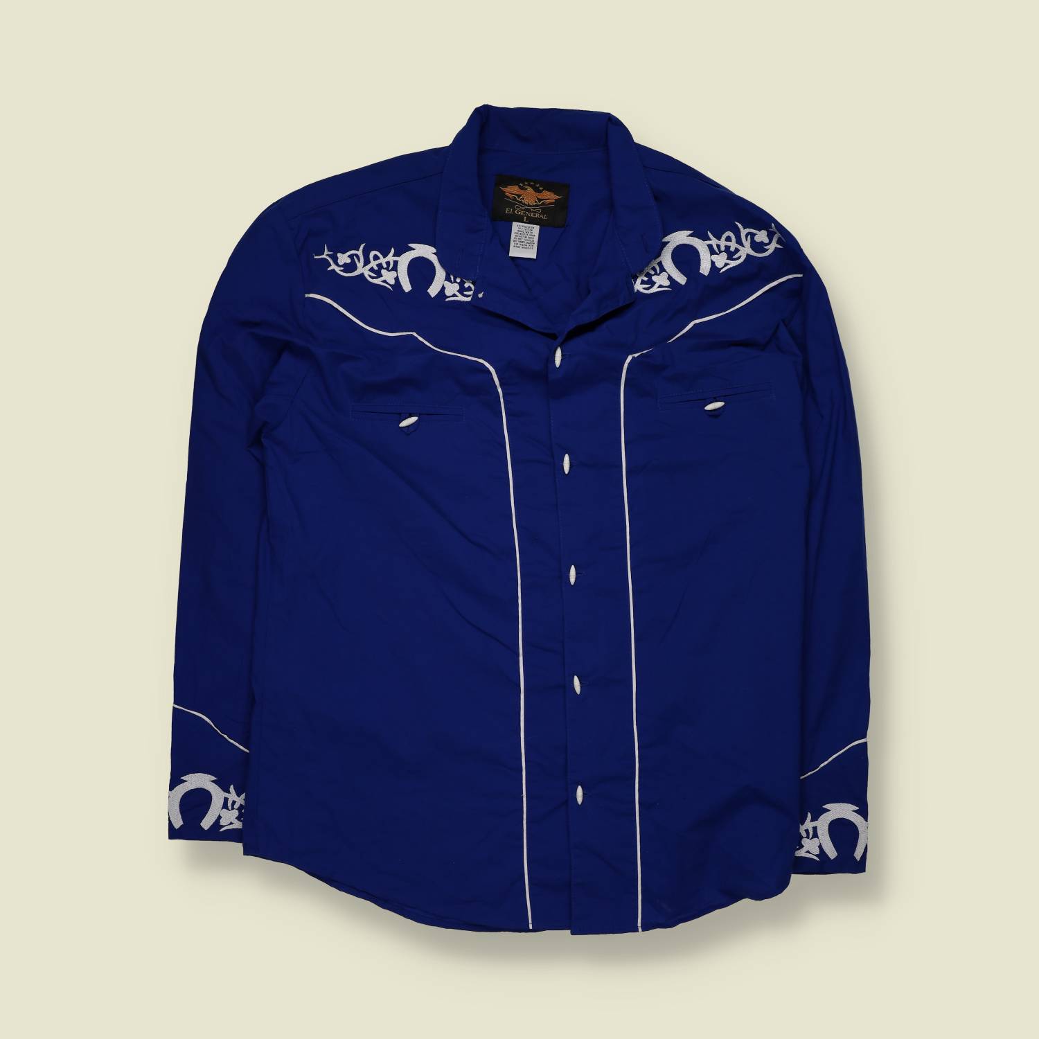 1990s | El General | Embroidered Rodeo Western Shirt | Royal Blue – L