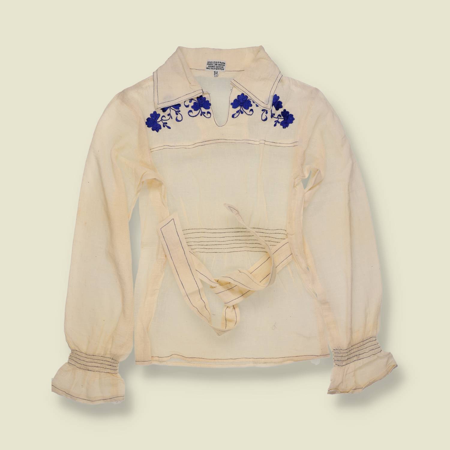 1970s | Embroidered Folk Blouse | Cream - 6