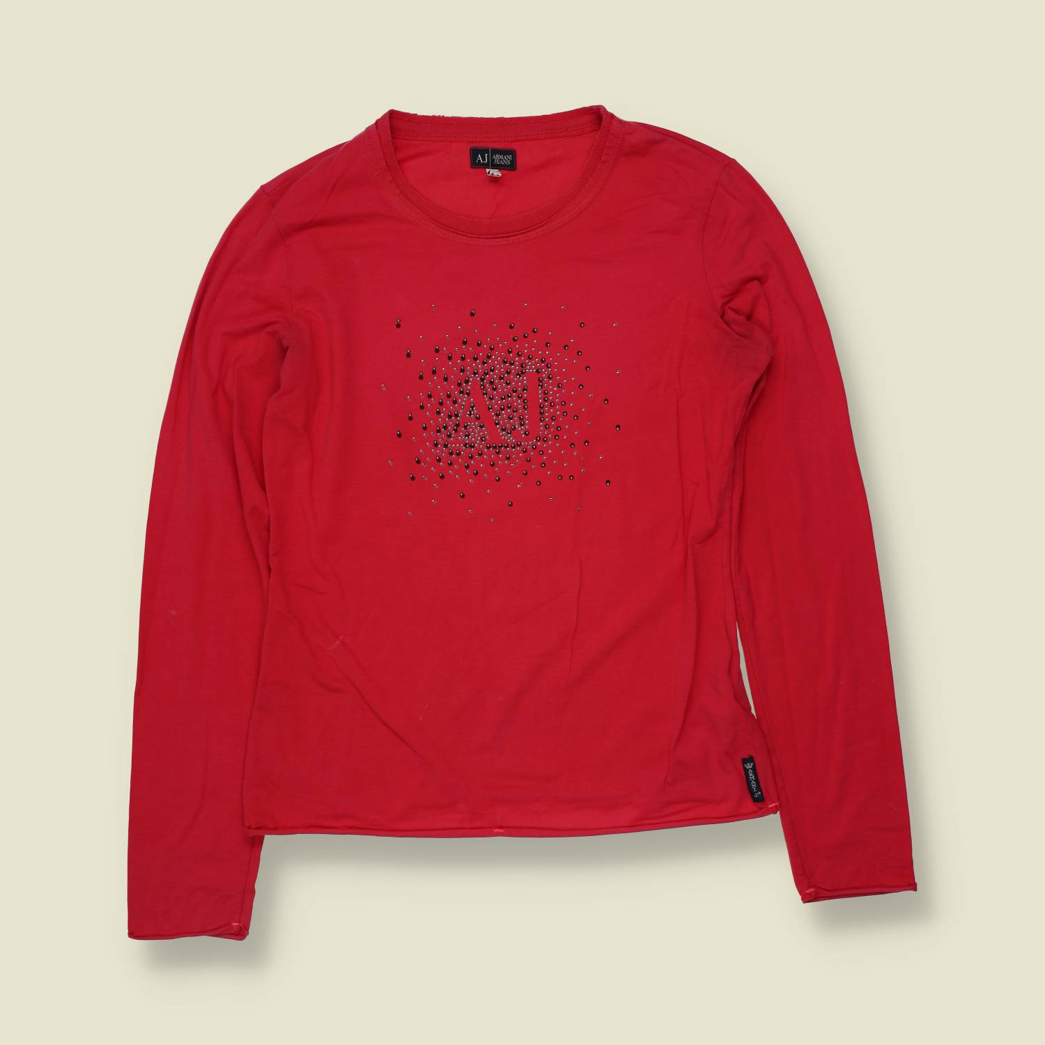 1990s | Armani Jeans | Diamanté Logo Long Sleeve Top | Red - 8