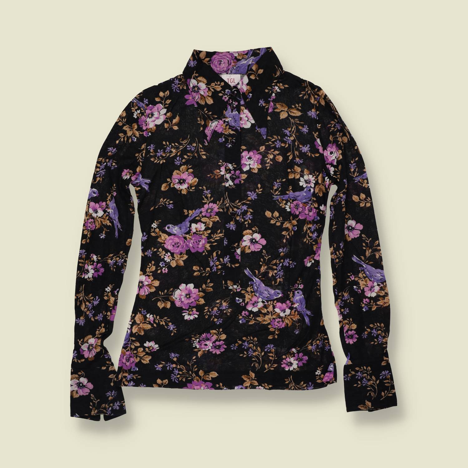1970s | TGL | Deadstock Blouse | Black Floral Bird Print - 6