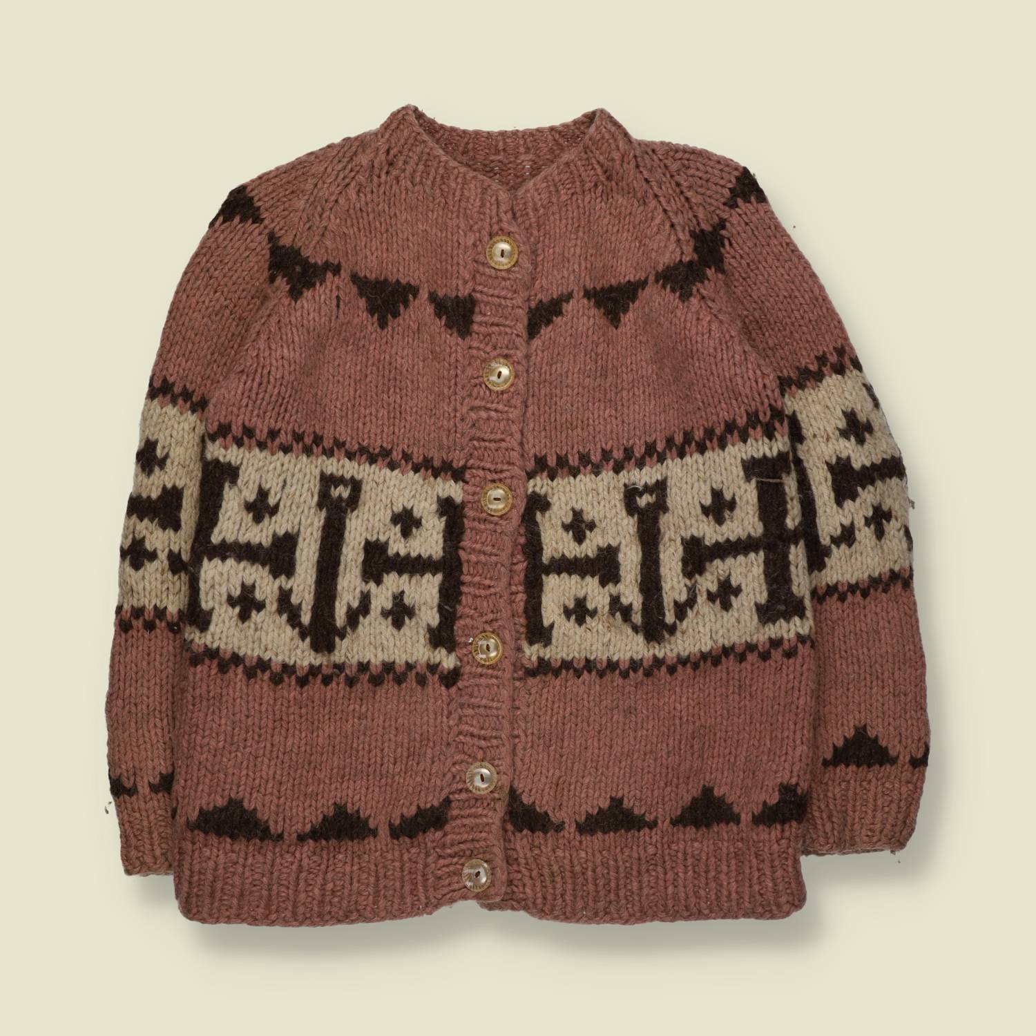 1960s–1970s | Handknit | Western Motif Cardigan | Pink & Cream - 10