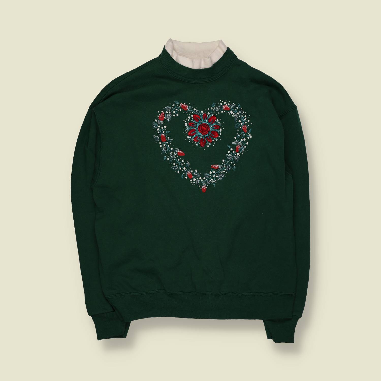 1980s | Made In USA | Floral Heart Sweatshirt | Forest Green - 16