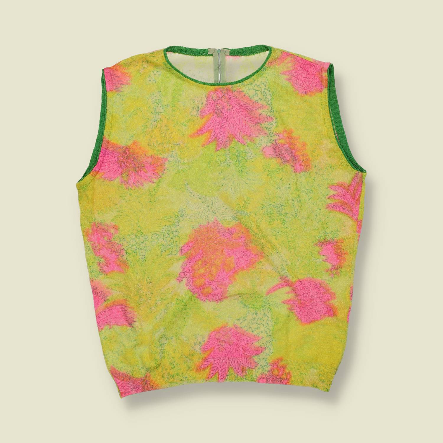 1970s | Sleeveless Top | Floral Print | Lime - 12