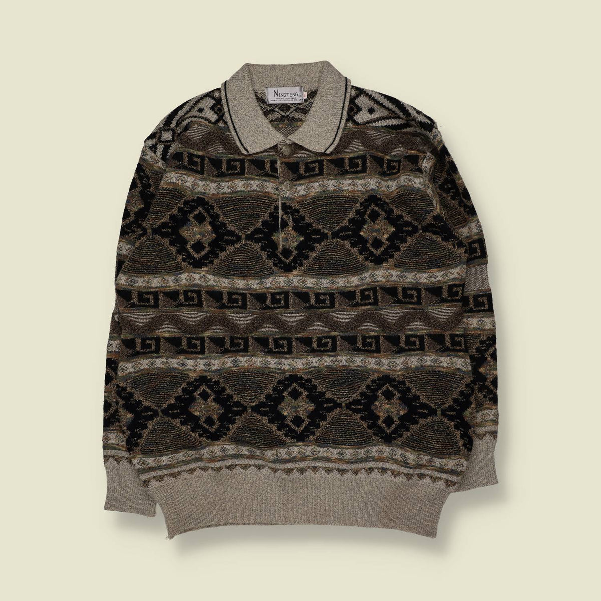 1980s | Ningteng | Textured Geometric Knit Polo Jumper | Grey/Black - XL