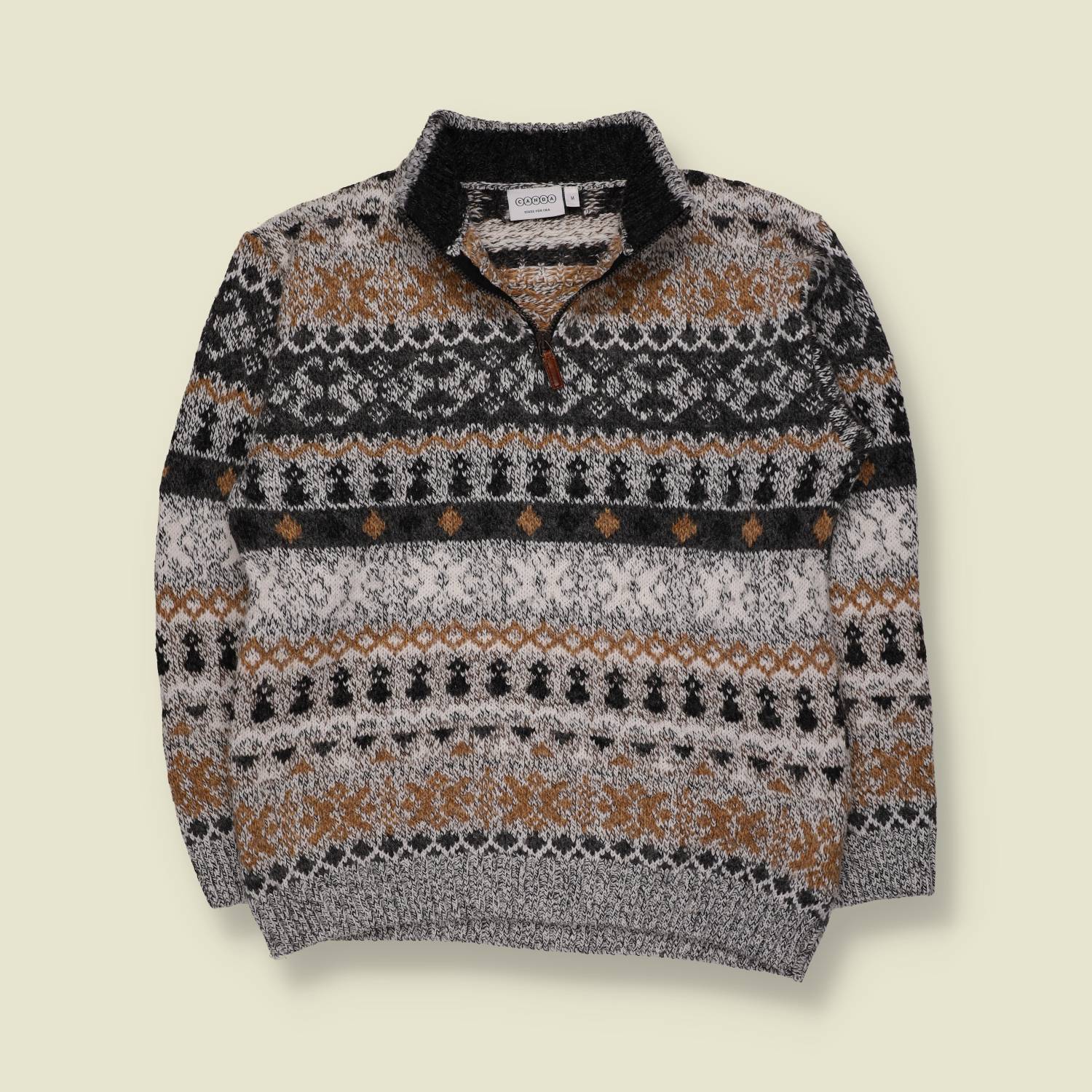 1980s | C&A | Fair Isle Quarter-Zip Knit Jumper | Grey/Tan - S