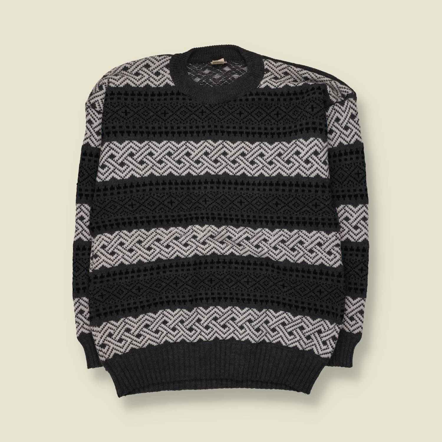 1980s | Fair Isle Knit Jumper | Black/Grey - L
