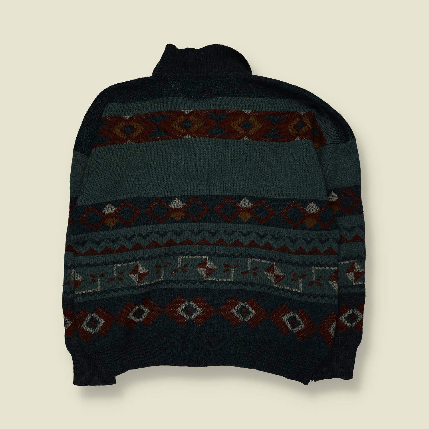 1980s | Rivelli | Fair Isle Knit Polo Jumper | Green/Navy - XXL