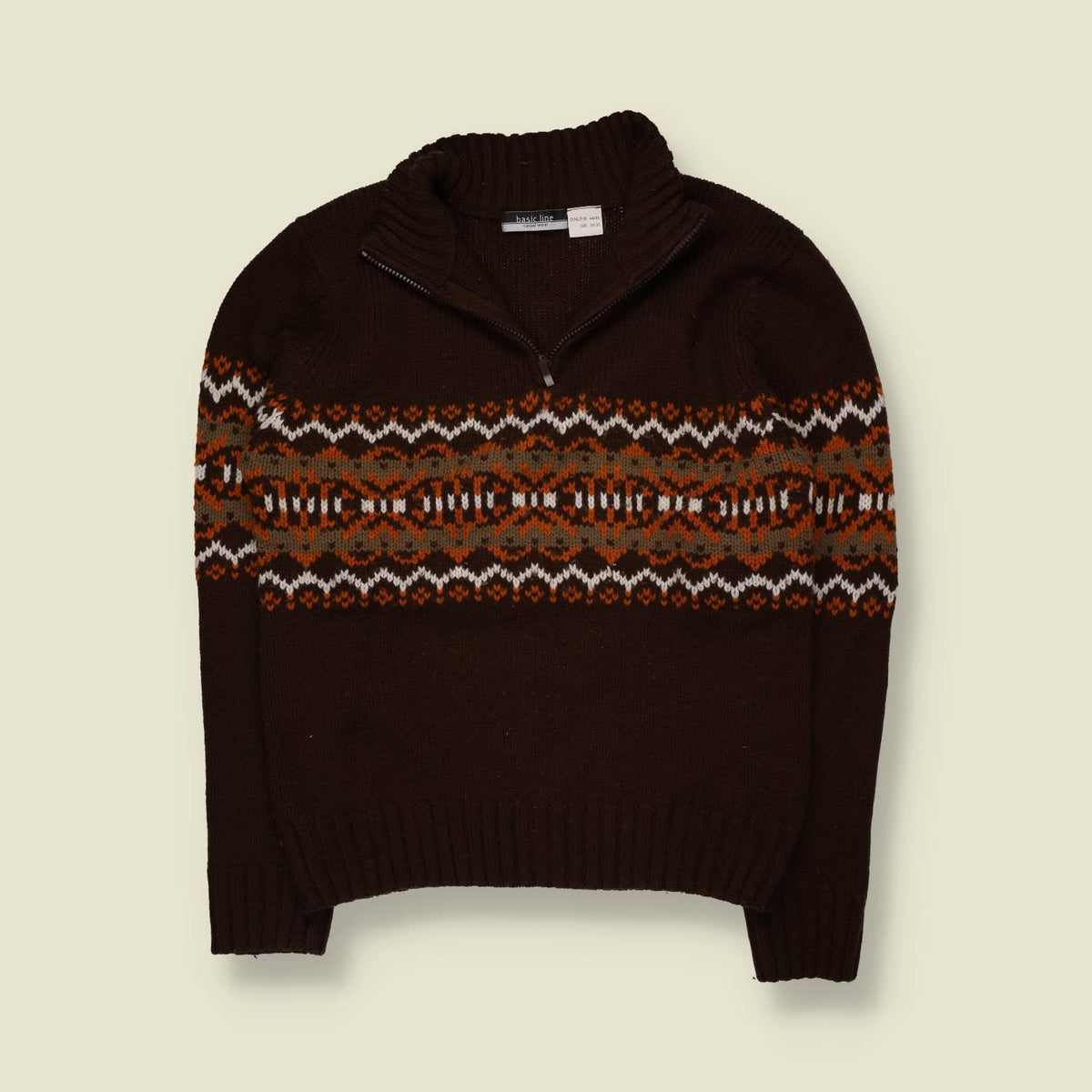1990s | Basic Line | Fair Isle Quarter-Zip Knit Jumper | Brown - S