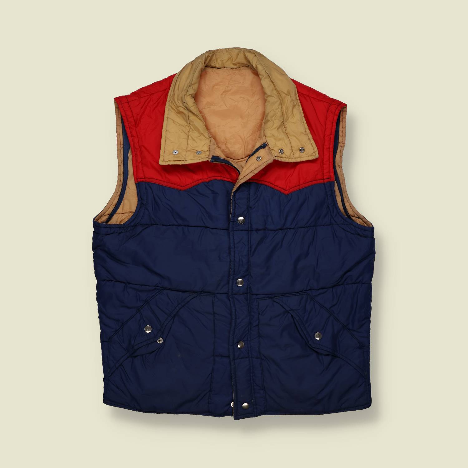 1970s–80s | Western Nylon Puffer Vest – Red, Navy & Tan - M