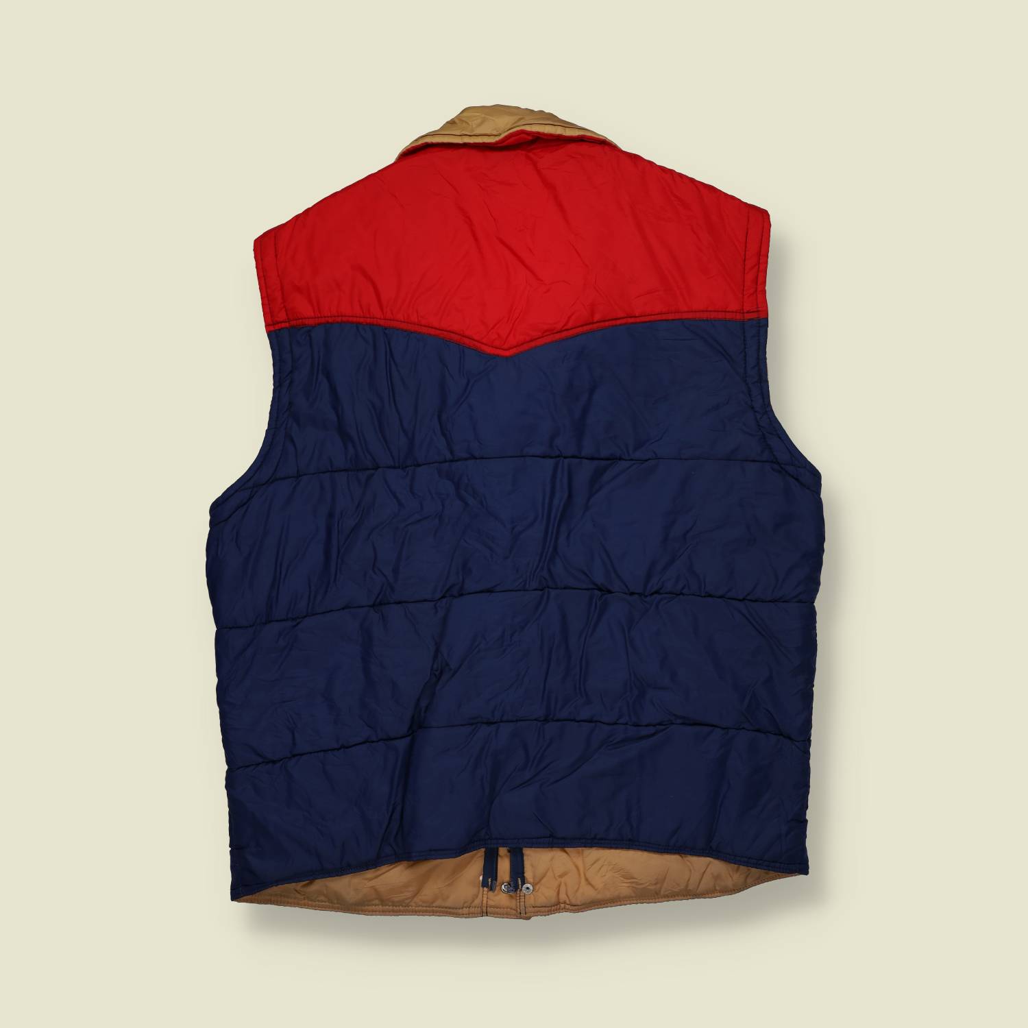 1970s–80s | Western Nylon Puffer Vest – Red, Navy & Tan - M