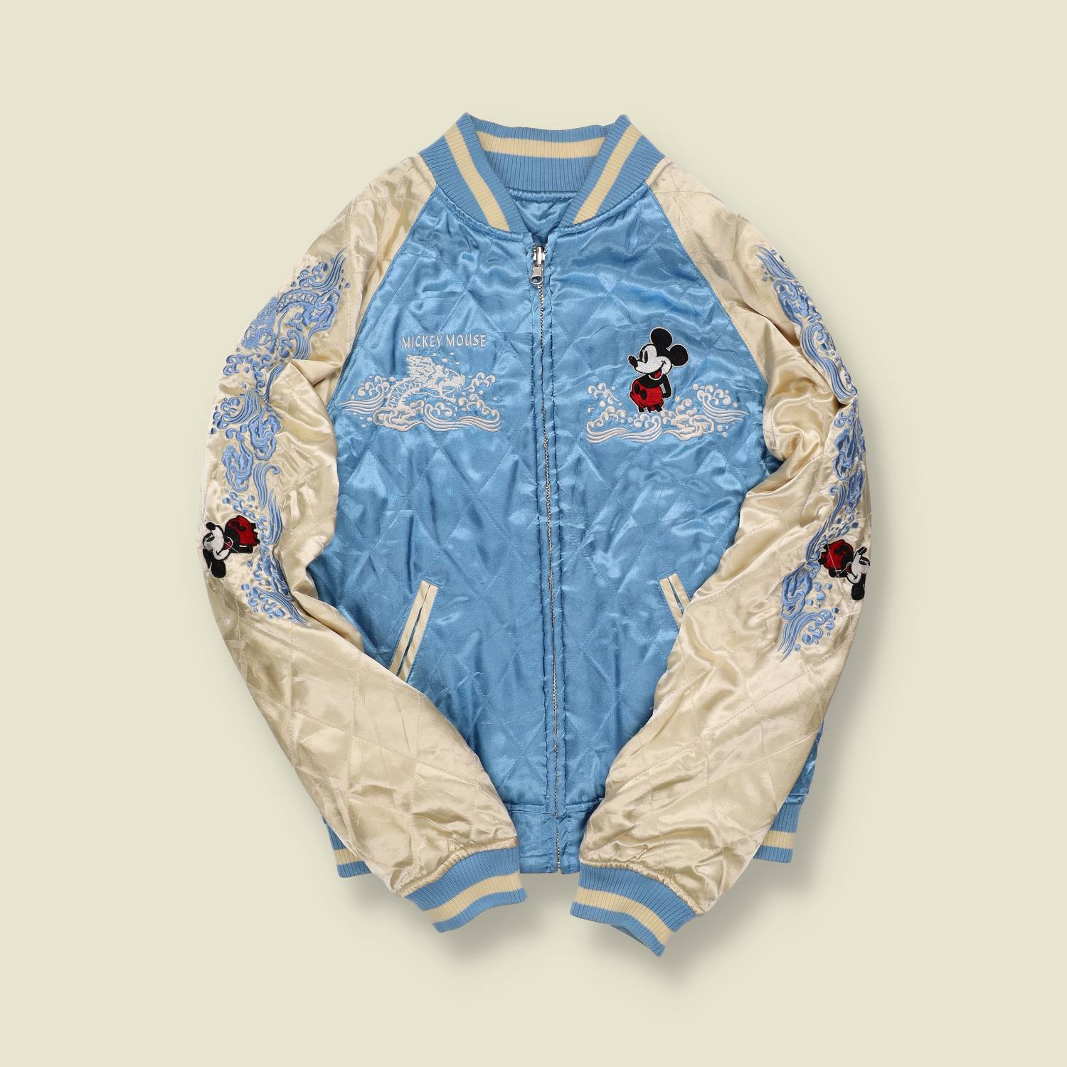 2000s | Disney × Souvenir Style | Mickey Mouse Sukajan Jacket – Blue & Cream - XXS/XS