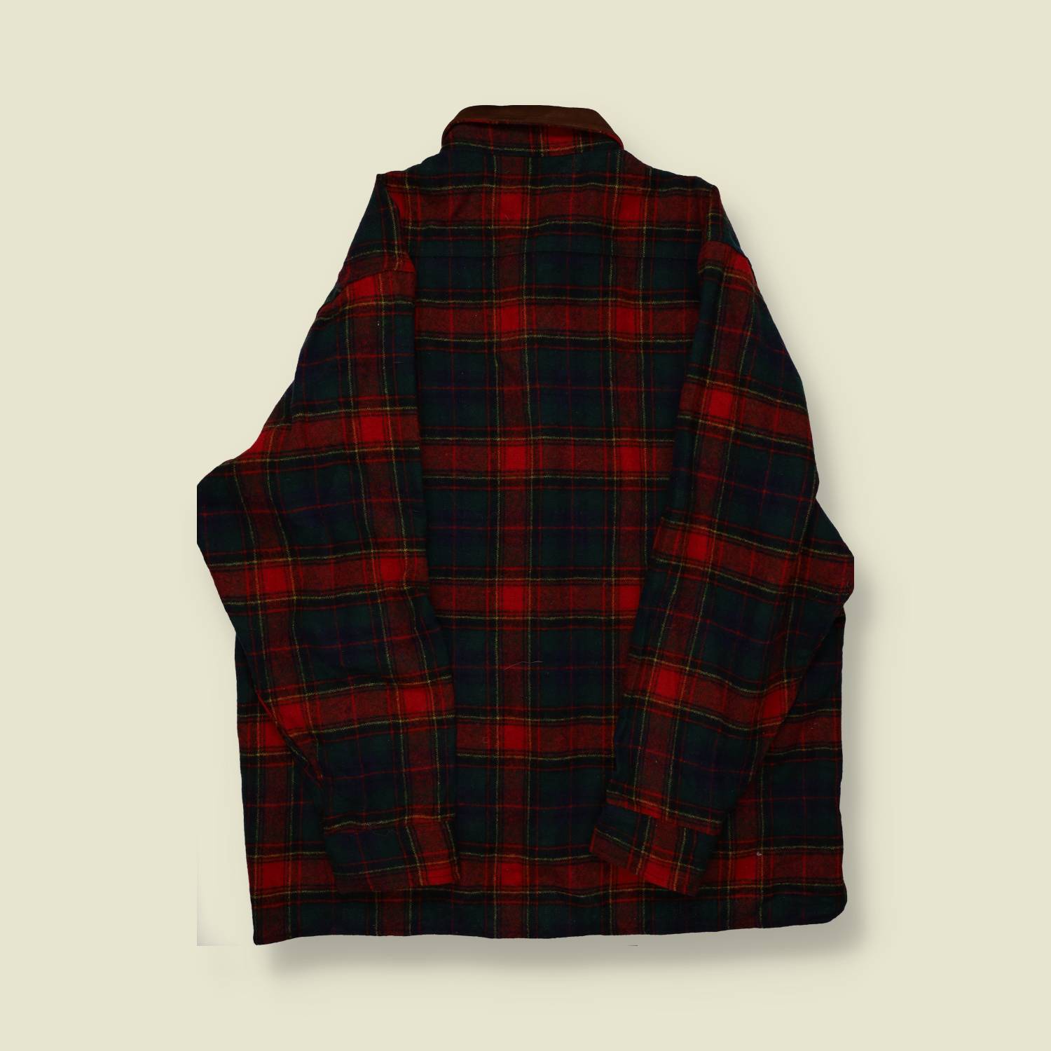 1990s | Woolrich | Flannel Overshirt with Leather Collar & Elbow Patches – Red & Green Plaid - L
