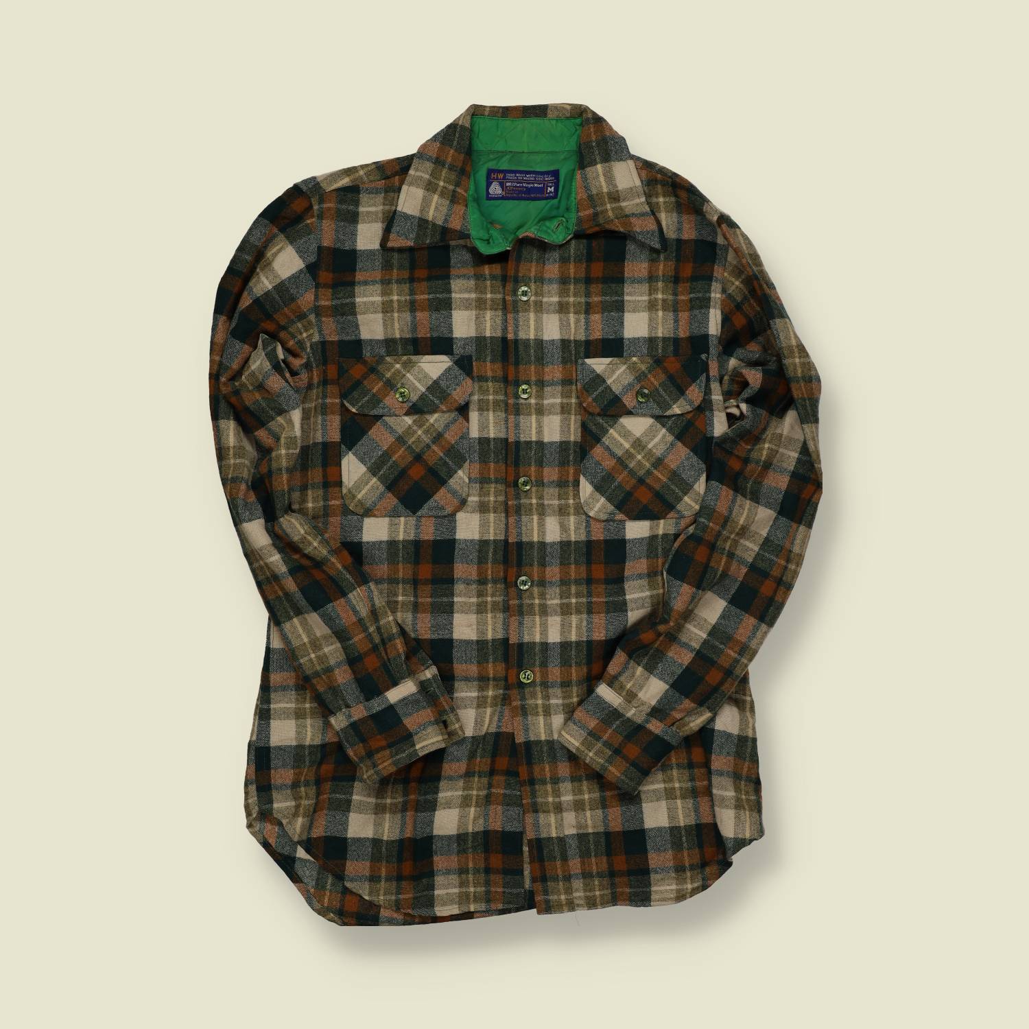 1970s | JCPenney (H.W. Label) | Flannel Overshirt – Brown, Green & Tan Plaid - S/M