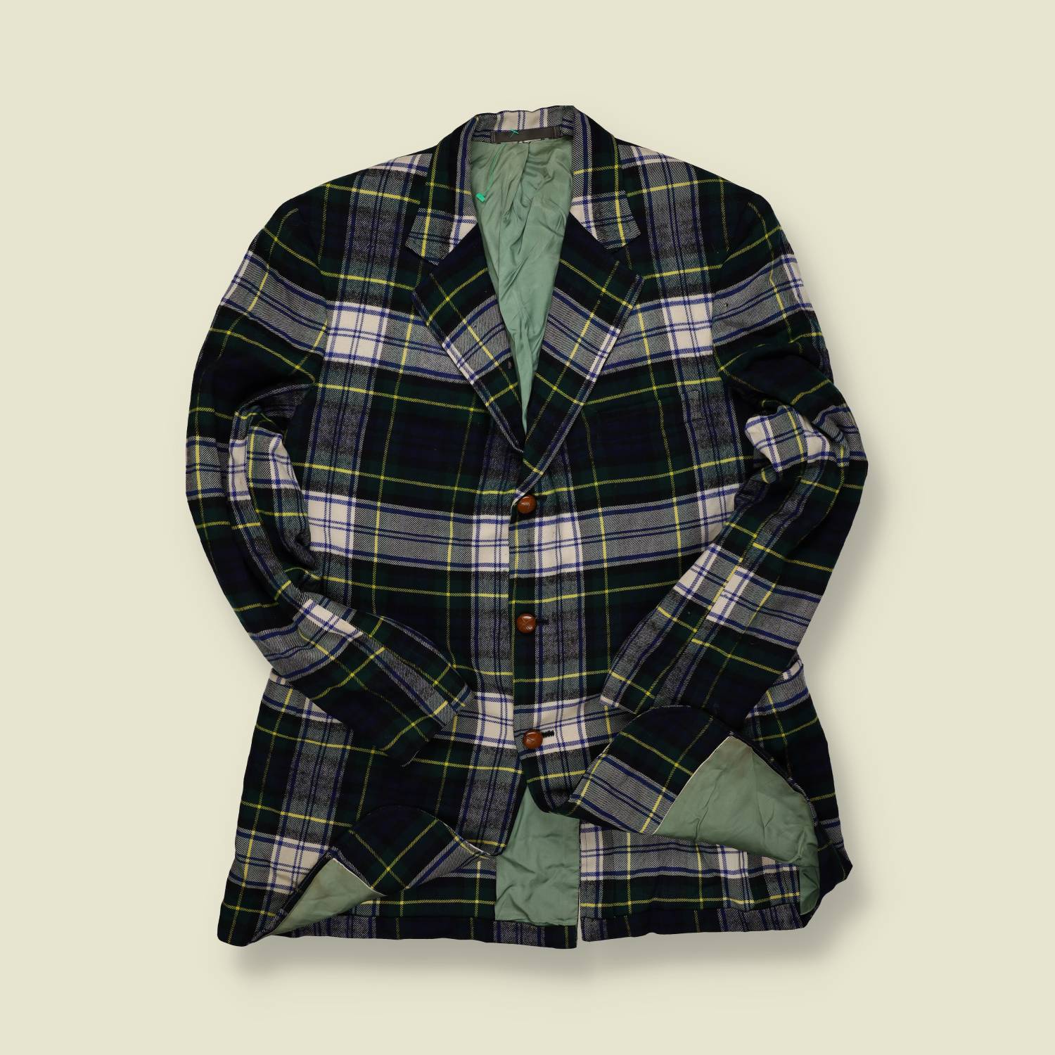 1970s | Tartan Wool Blend Sports Jacket – Green, Navy & Yellow Check