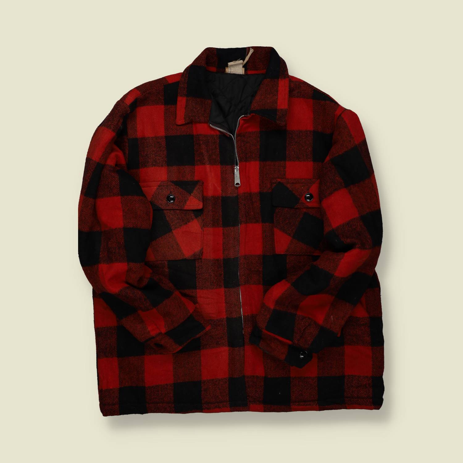 1960s | Unbranded | Buffalo Plaid Wool Zip Jacket – Red & Black - L