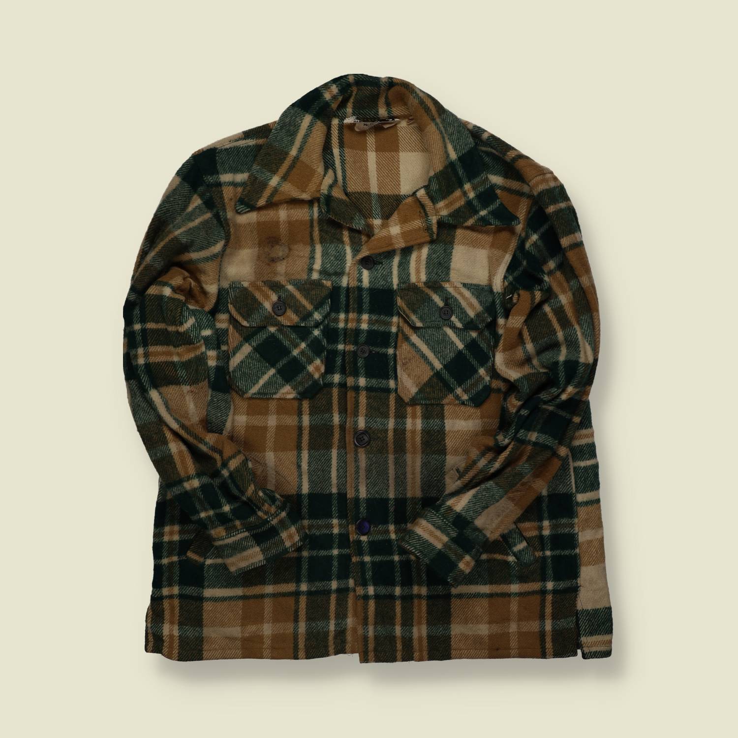 1970s | Woolrich | Plaid Wool Shirt Jacket – Green, Brown & Cream - L