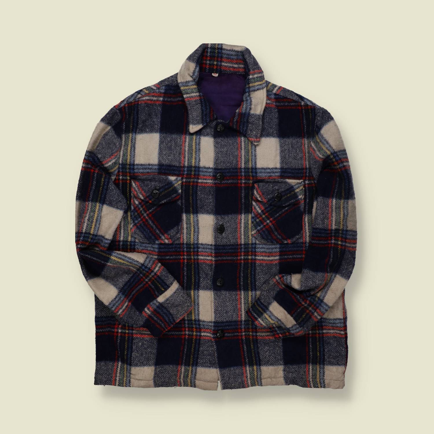 1970s | Unbranded | Heavy Wool Plaid Shirt Jacket – Navy, Grey & Red - M