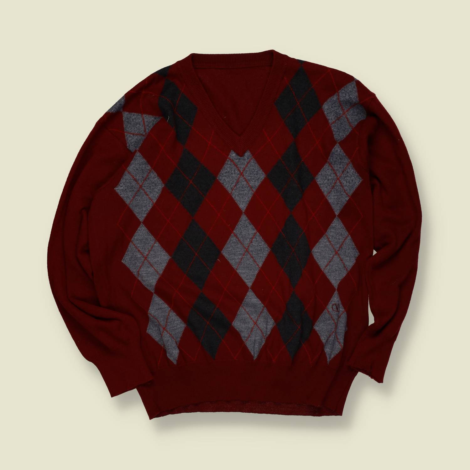 1980s | Valentino (Tag Missing) | Argyle Knit – Burgundy/Grey - M