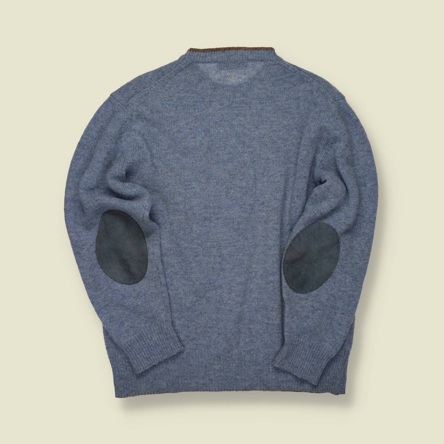 1990s | Fred Perry | Wool Crew Knit with Suede Elbow Patches – Blue Marl - M/L