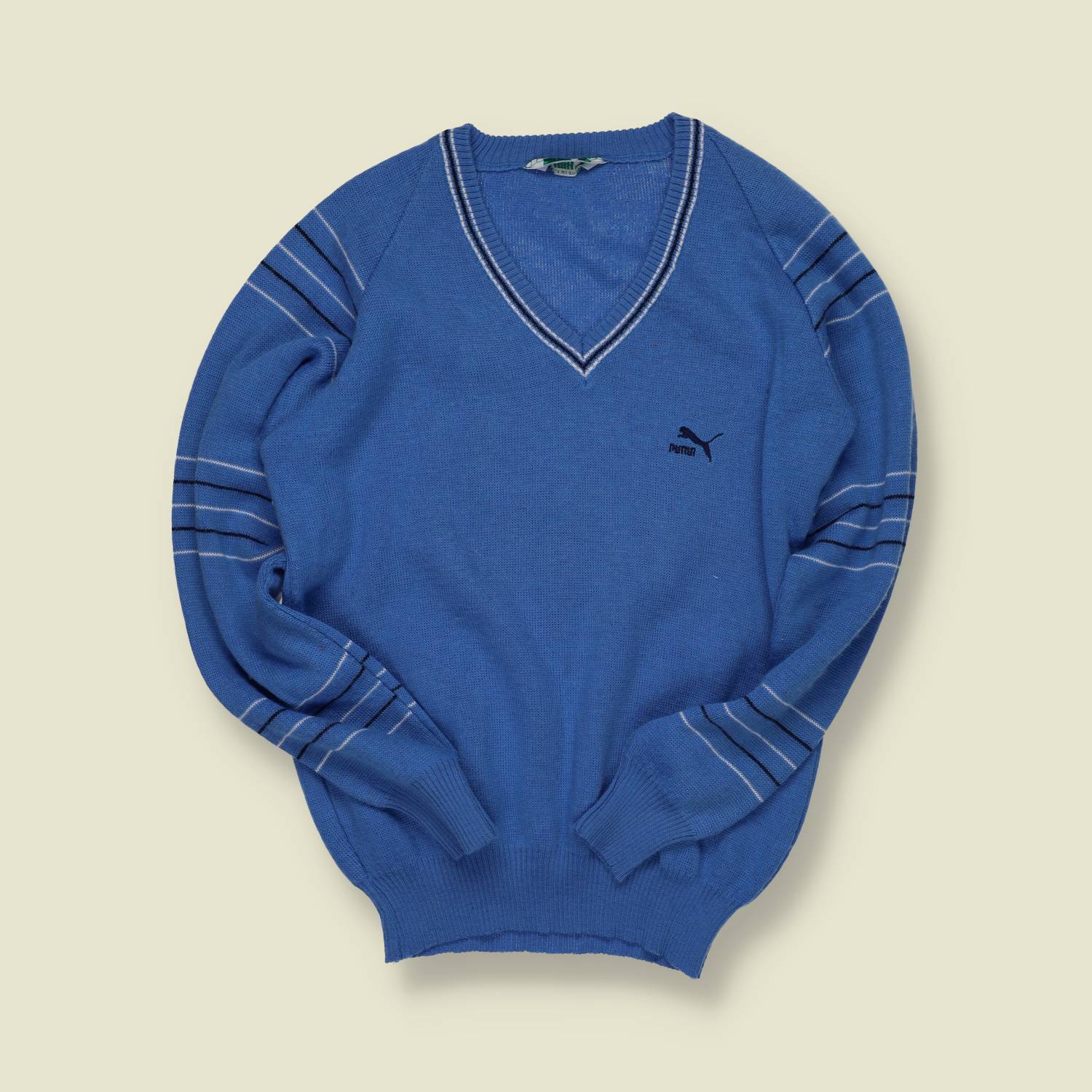 1980s | Puma | Striped V-Neck Knit – Blue - S