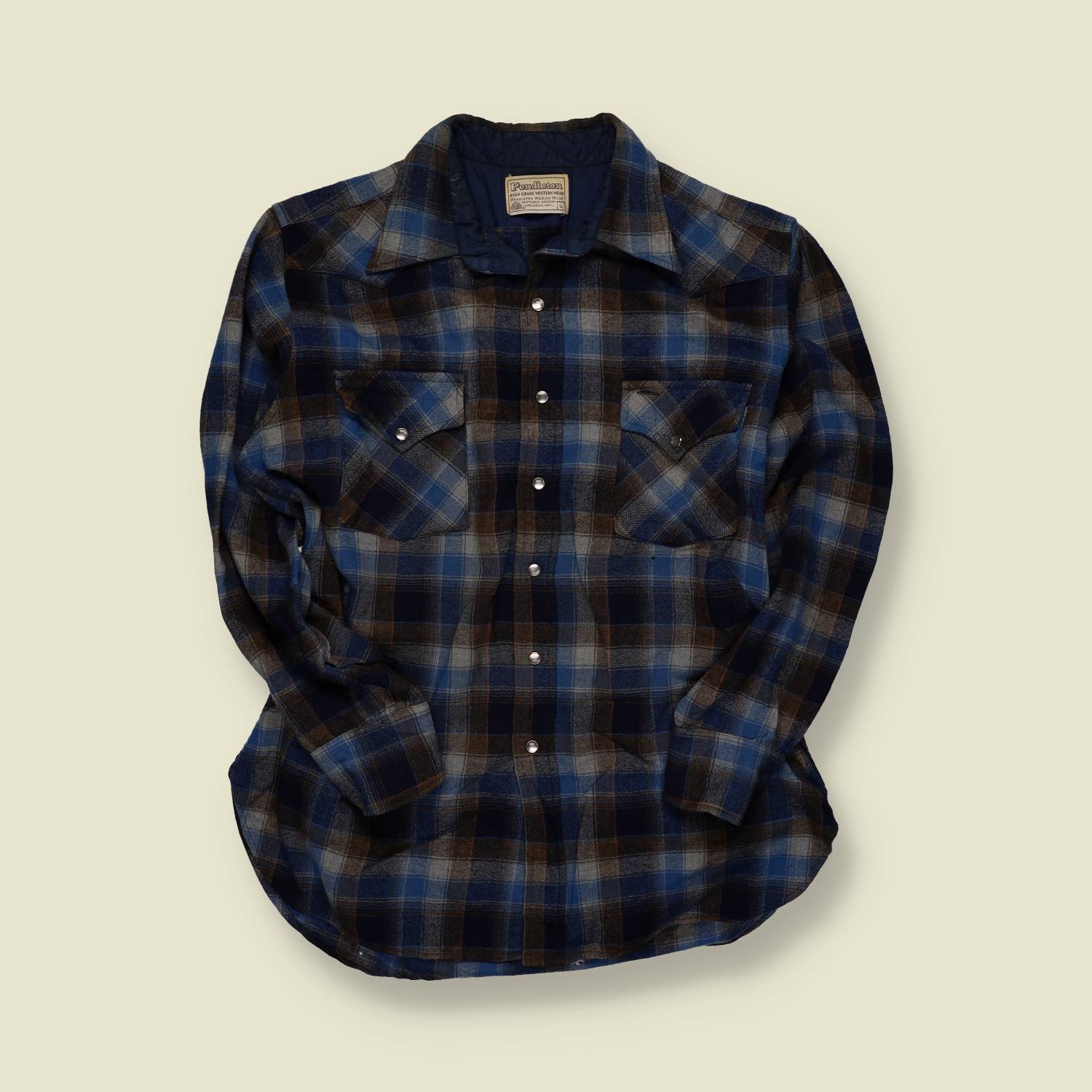 1970s | Pendleton | Wool Flannel Snap Shirt – Blue/Brown Plaid - M