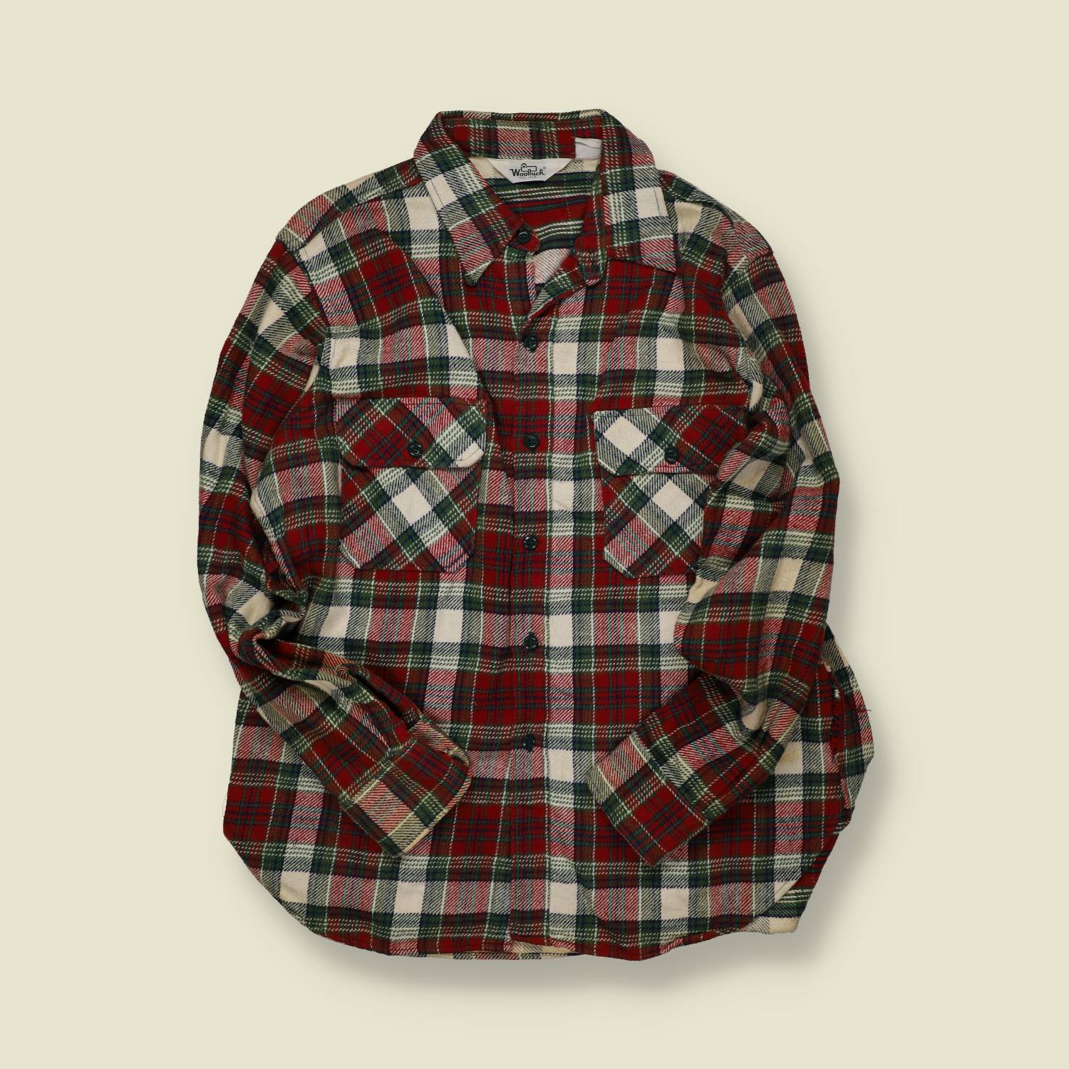 1970s | Woolrich | Made in USA | Heavy Flannel Shirt – Red/Green/Cream Plaid - L