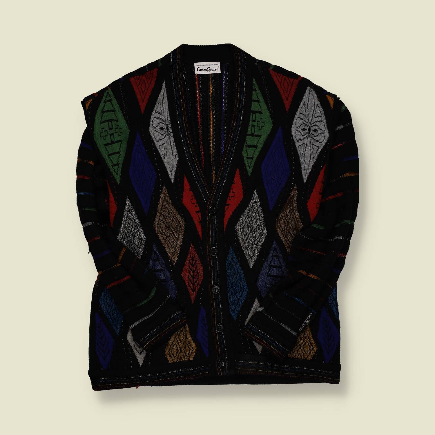 1990s | Carlo Colucci | Patterned Knit Cardigan – Multi/Black - L/XL