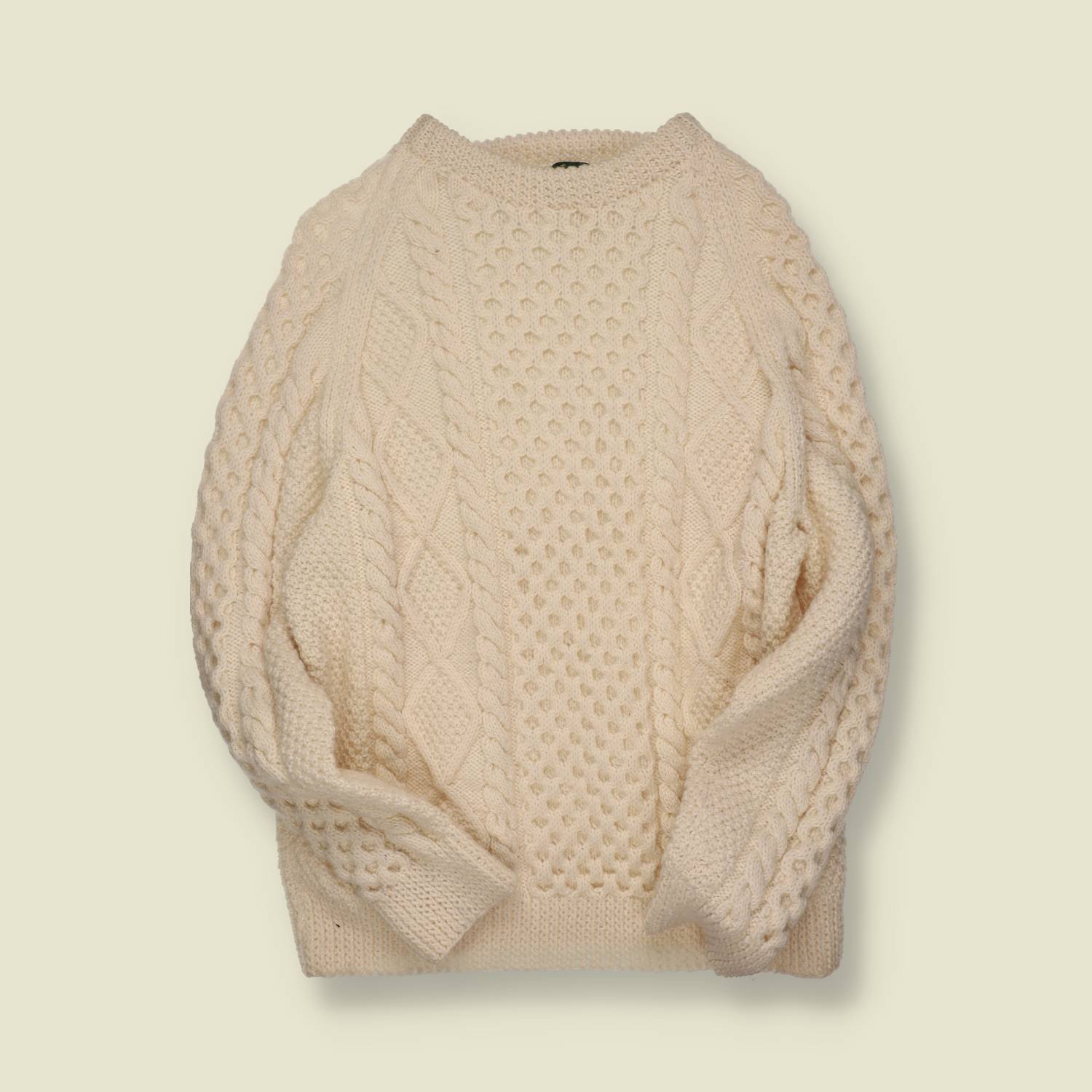 1980s–1990s | Made in Ireland | Hand-Knit Aran Sweater – Natural Wool - M