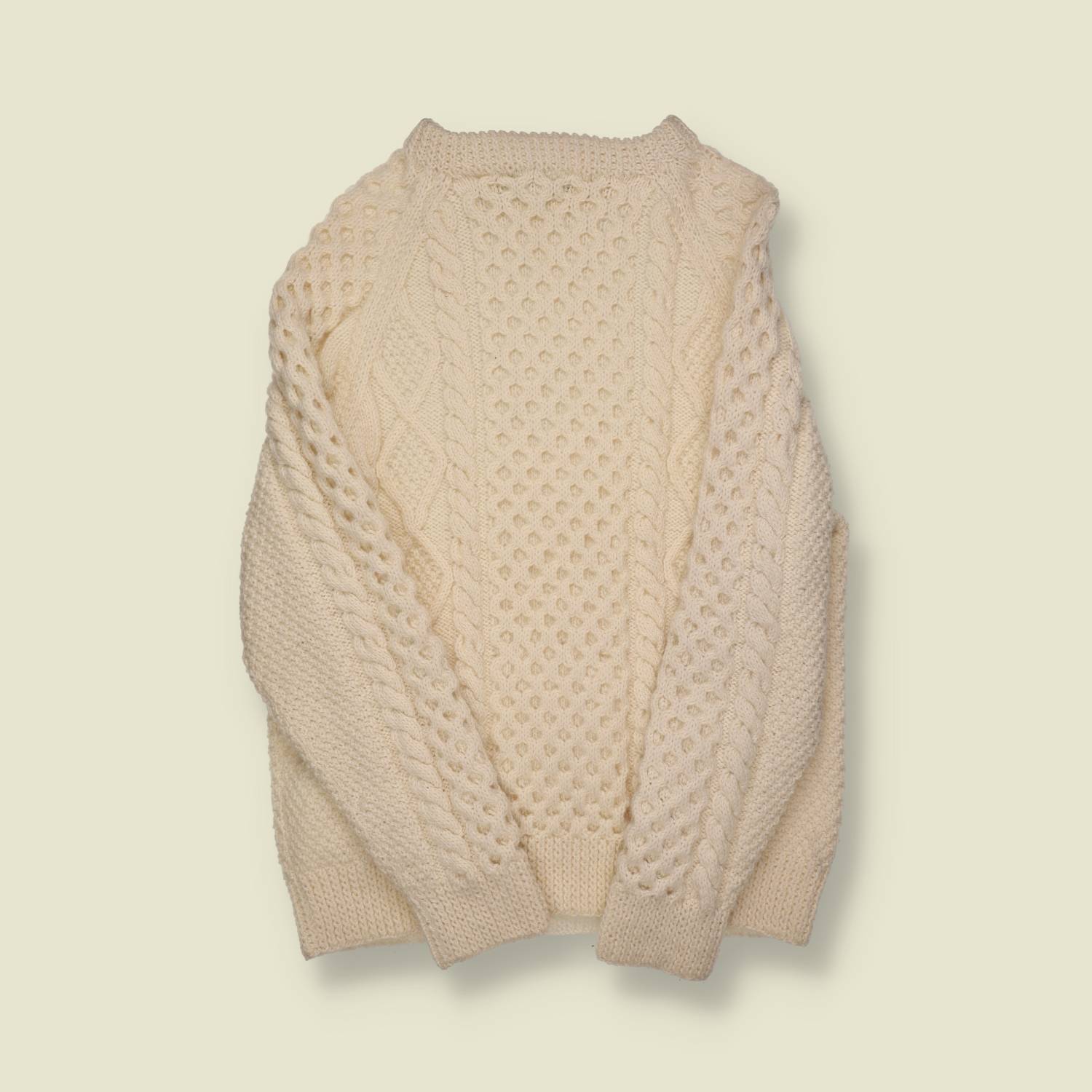 1980s–1990s | Made in Ireland | Hand-Knit Aran Sweater – Natural Wool - M