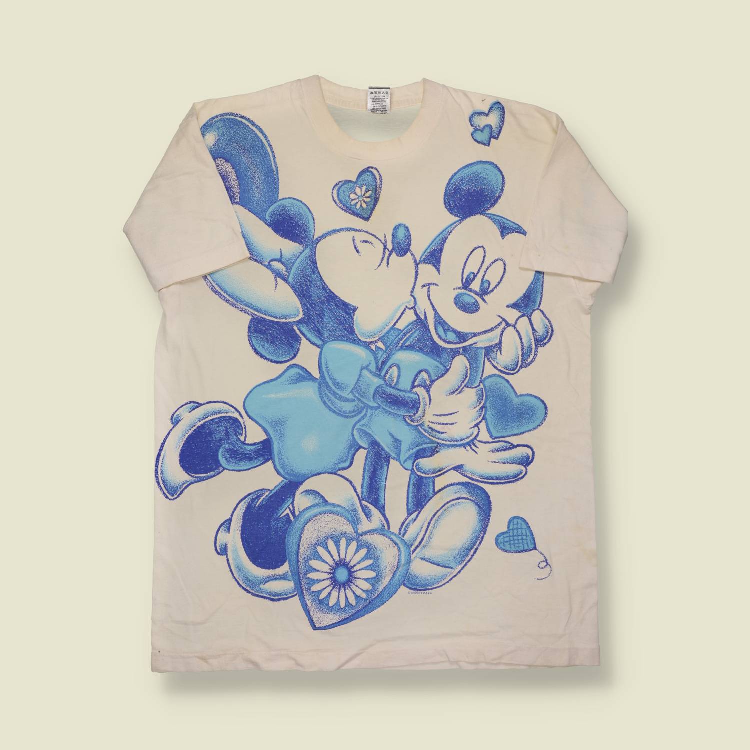 1990s | Mickey Unlimited | Made in USA | Mickey & Minnie All-Over Print Tee – White/Blue - L