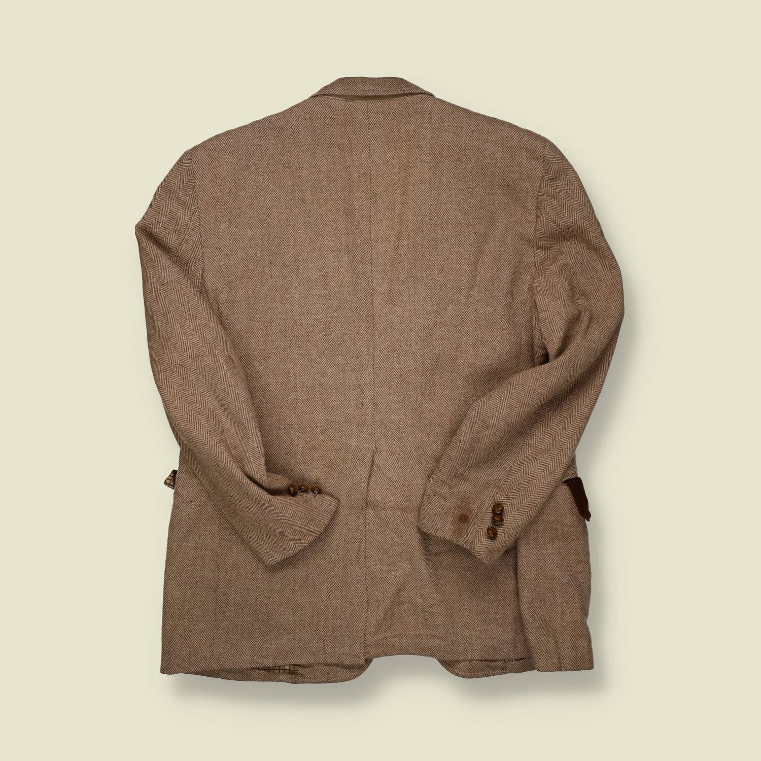 1970s | Woolrich | Herringbone Tweed Sports Jacket – Leather Trim – Taupe - M