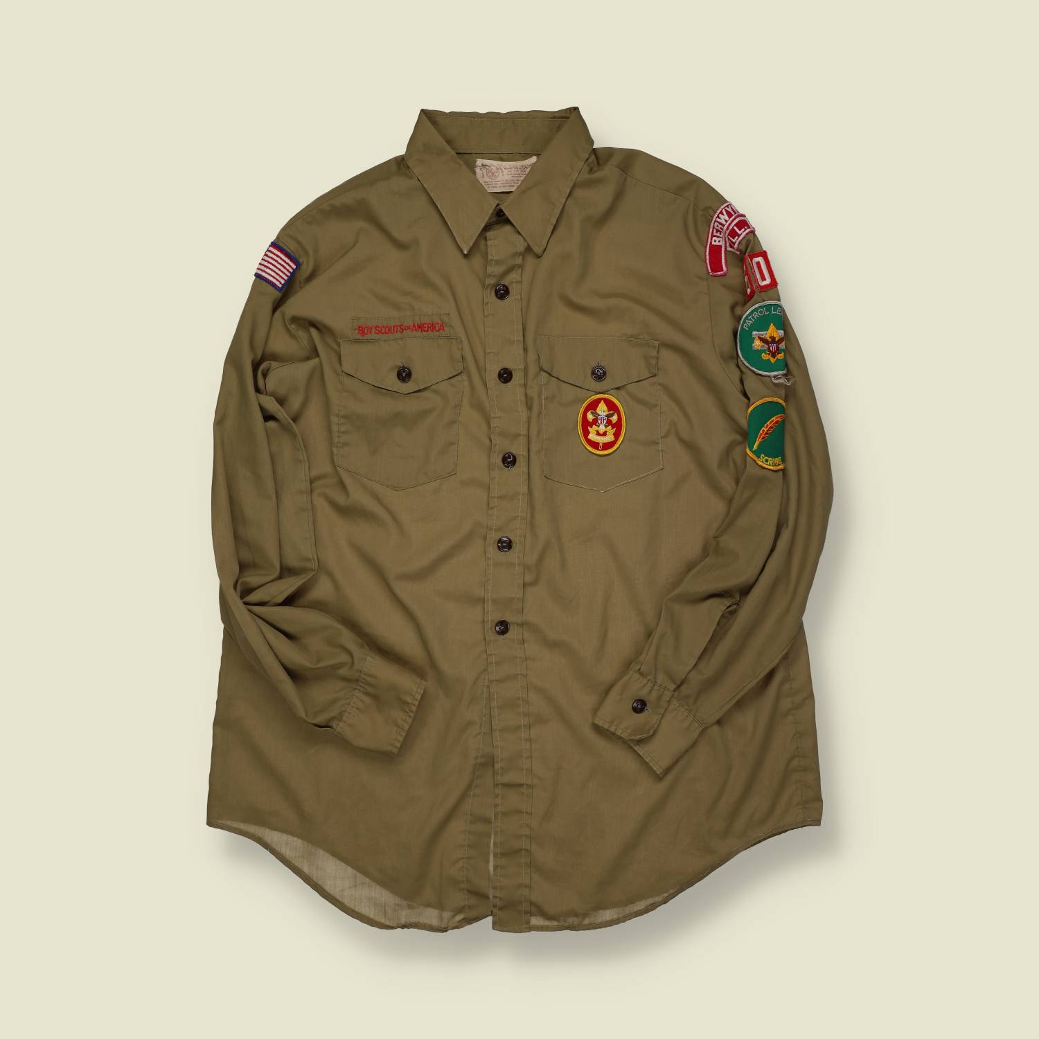 1970s | Boy Scouts of America | Uniform Shirt – Olive Green with Patches - M