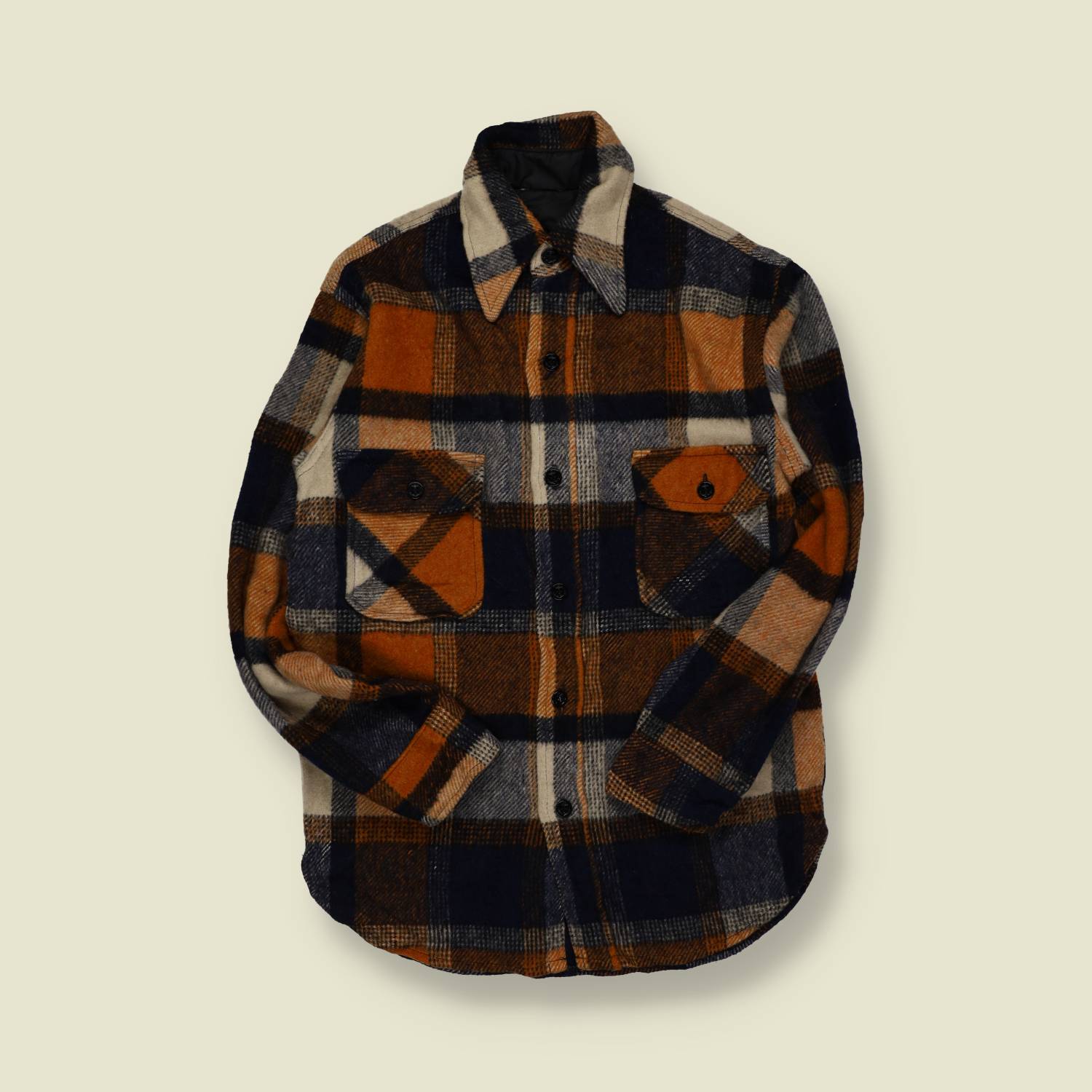 1970s | Made in USA | Wool CPO Shirt Jacket – Navy/Rust/Cream Plaid - S