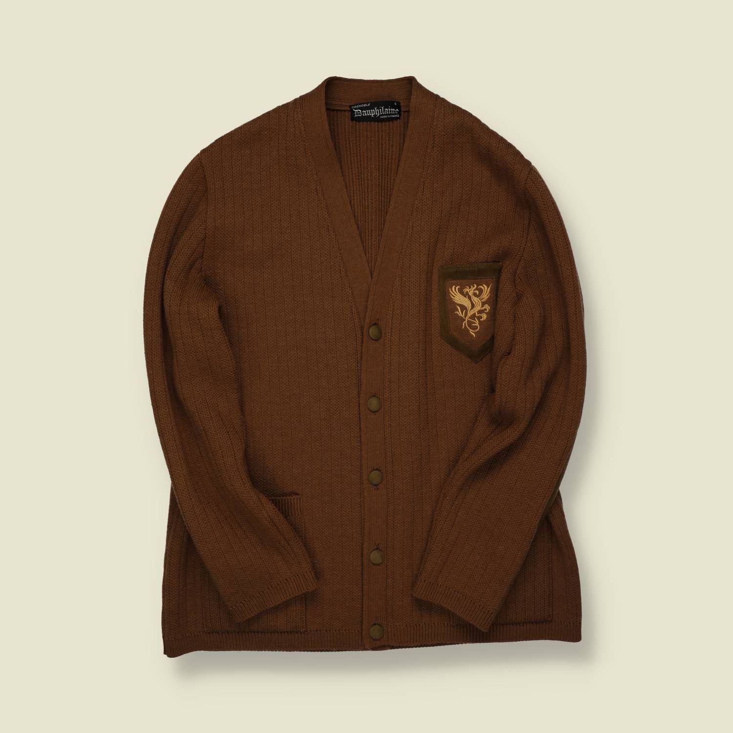 1970s | Dauphilane | Made in France | Wool Cardigan – Brown with Crest Pocket - S