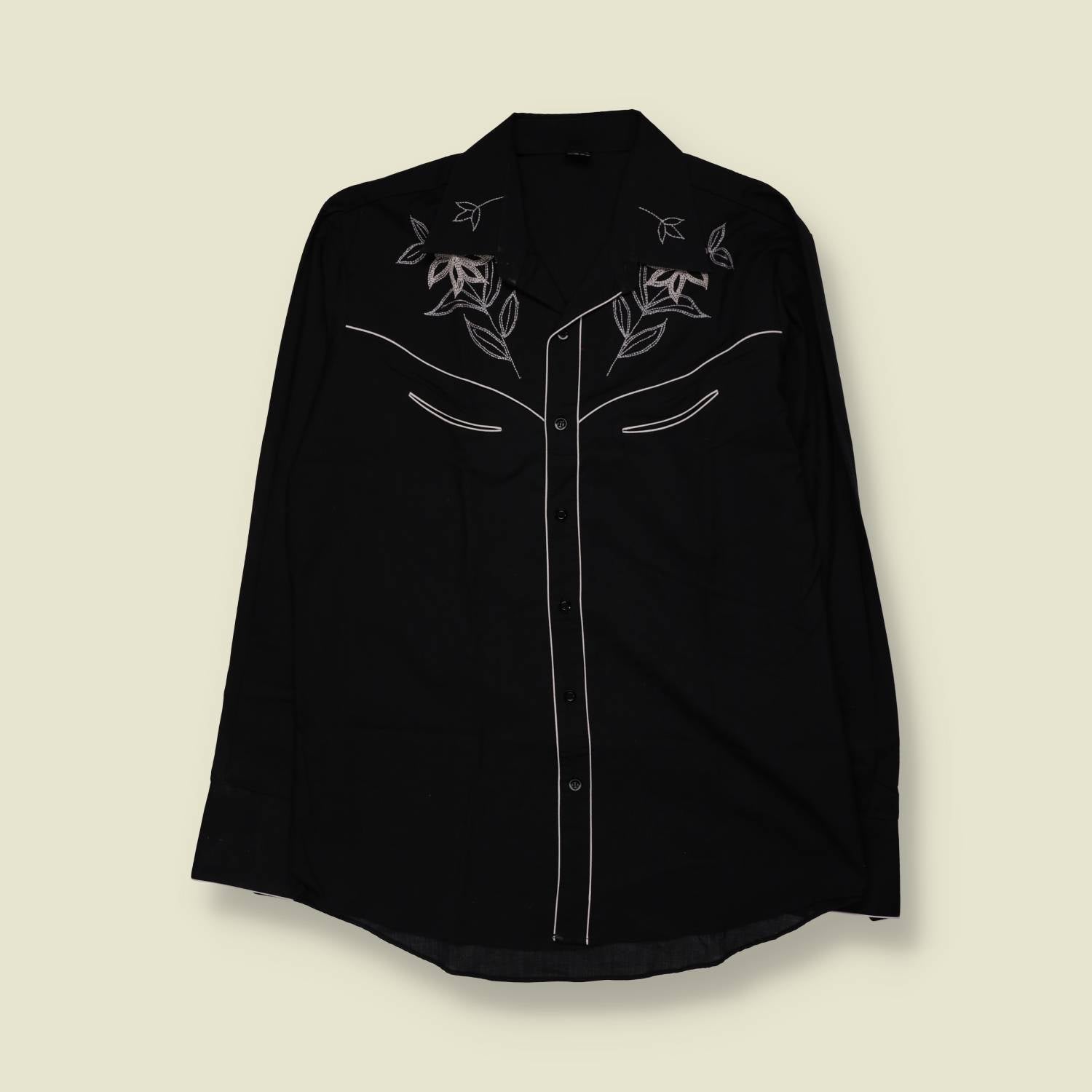 1990s | Embroidered Floral Western Shirt | Black - L