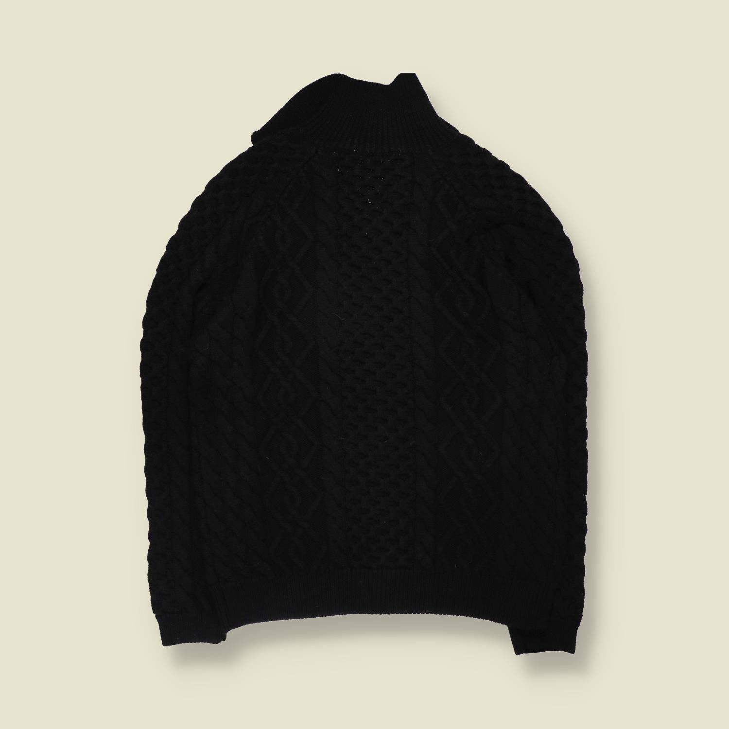 1970s | Cable Knit Wool Cardigan | Black - L