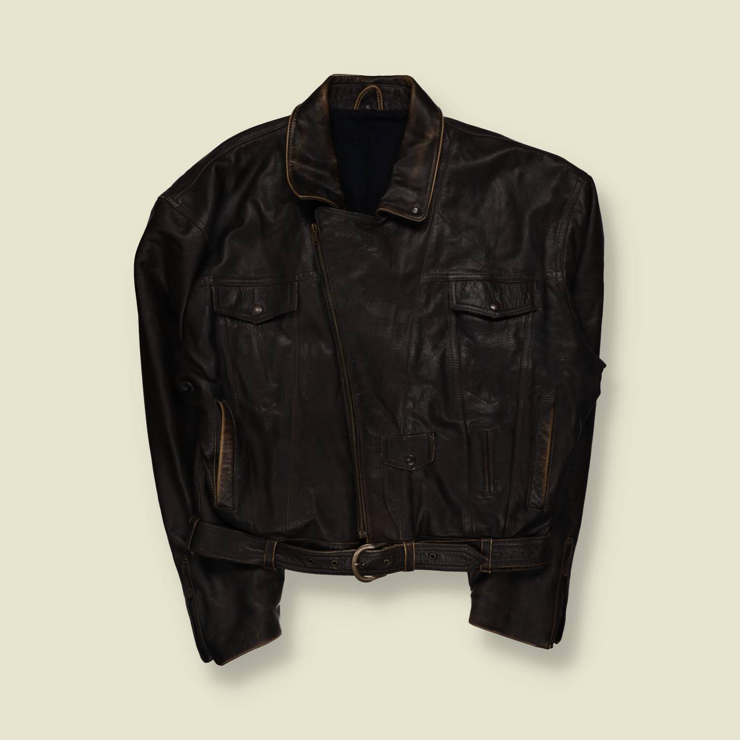 1980s | Leather Belted Biker Jacket - Dark Brown - 3XL