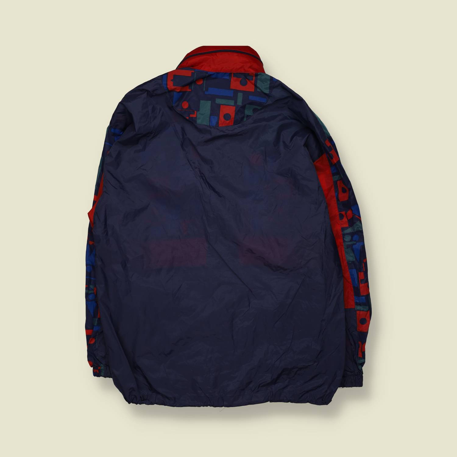 1980s | Horizonte | Navy, Red & Teal Abstract Geometric Print Hooded Windbreaker Jacket - L