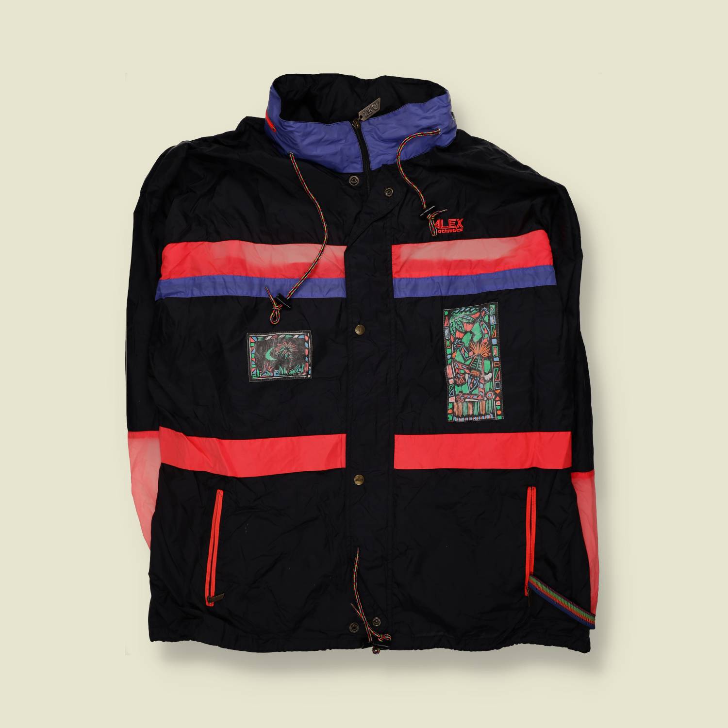 1980s | Alex Athletics | Black & Red Stripe Hooded Windbreaker Jacket with Printed Chest Panels - 4XL