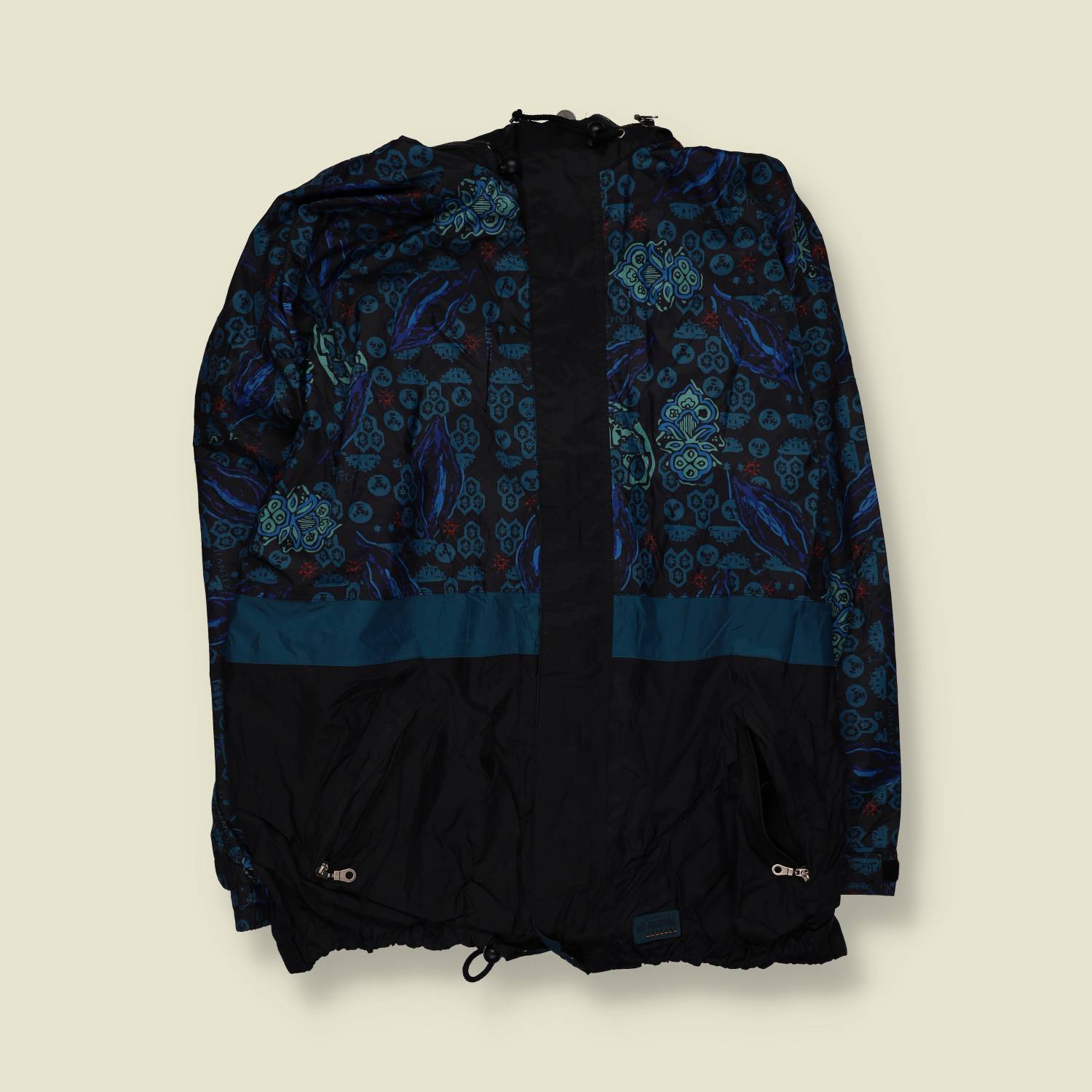 1980s | Jeantex | Black & Teal Floral Medallion Print Hooded Windbreaker Jacket - 5XL