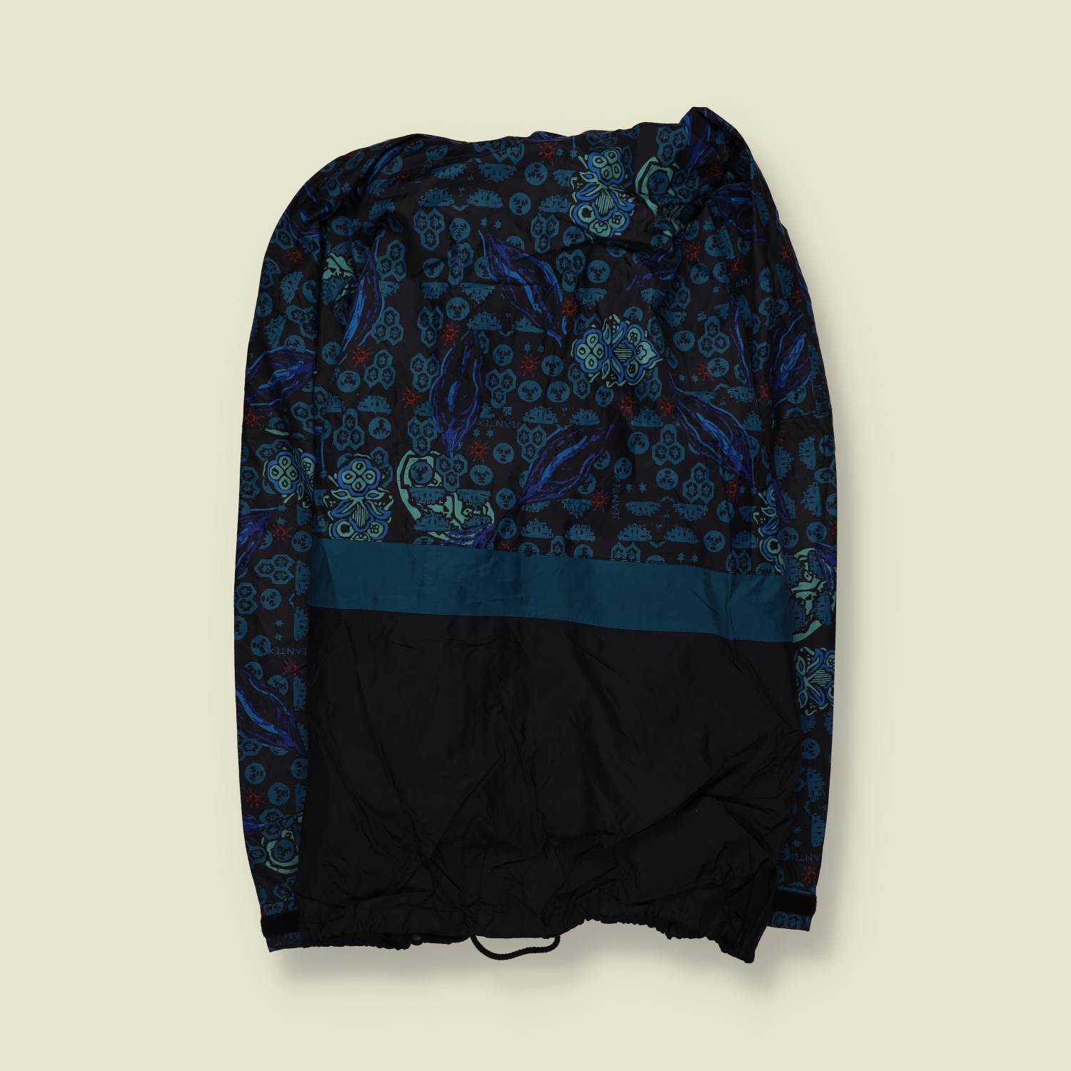 1980s | Jeantex | Black & Teal Floral Medallion Print Hooded Windbreaker Jacket - 5XL