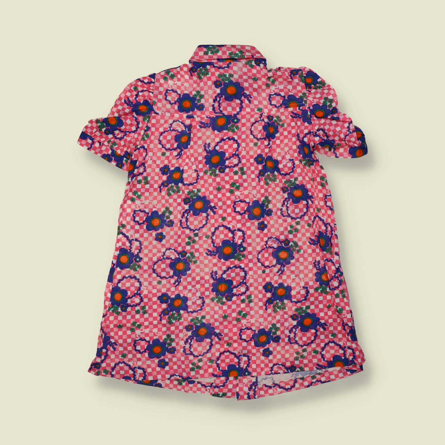 1970s | TGL Sweden | Pink Checkerboard Floral Print Vincel & Cotton Mini Dress - Deadstock -