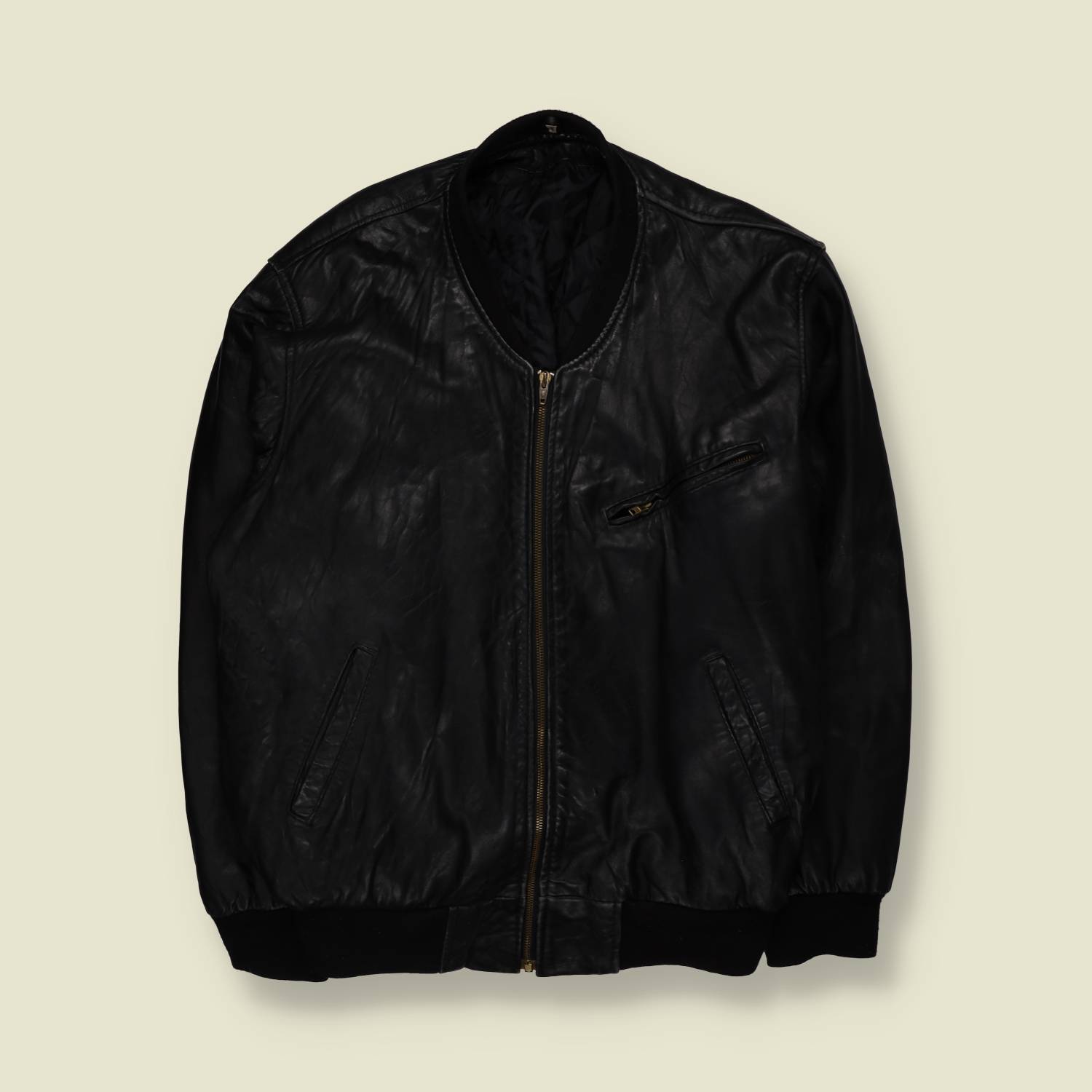 1980s | Heavyweight Leather Bomber Jacket - Black - 3XL