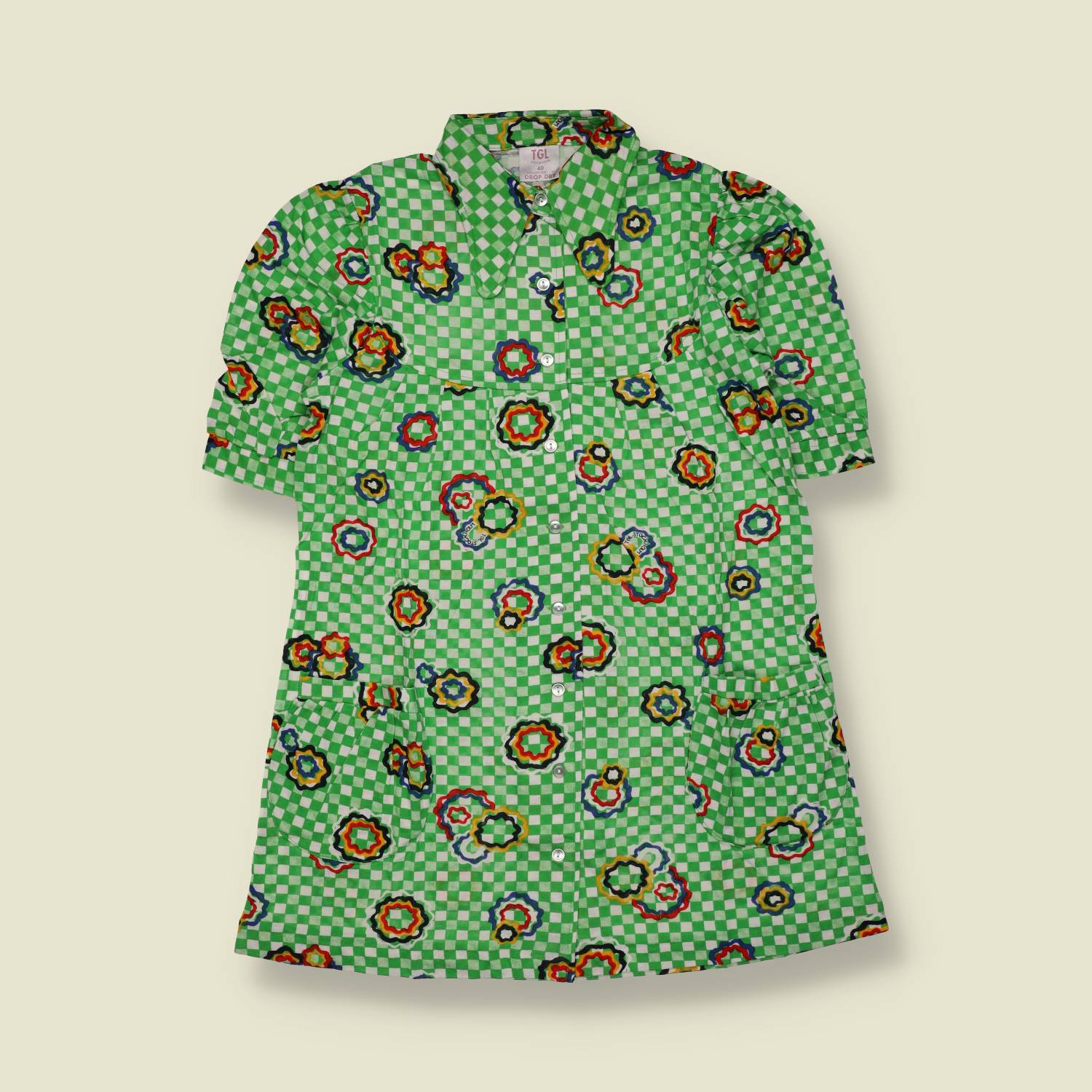 1970s | TGL Sweden | Green Checkerboard Medallion Print Vincel & Cotton Dress - Deadstock -10