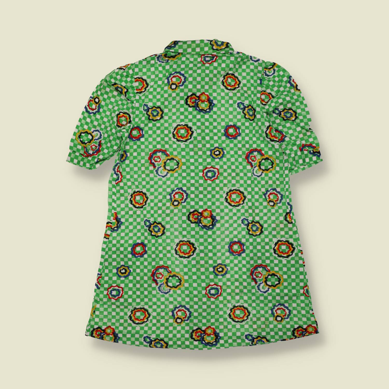 1970s | TGL Sweden | Green Checkerboard Medallion Print Vincel & Cotton Dress - Deadstock -10