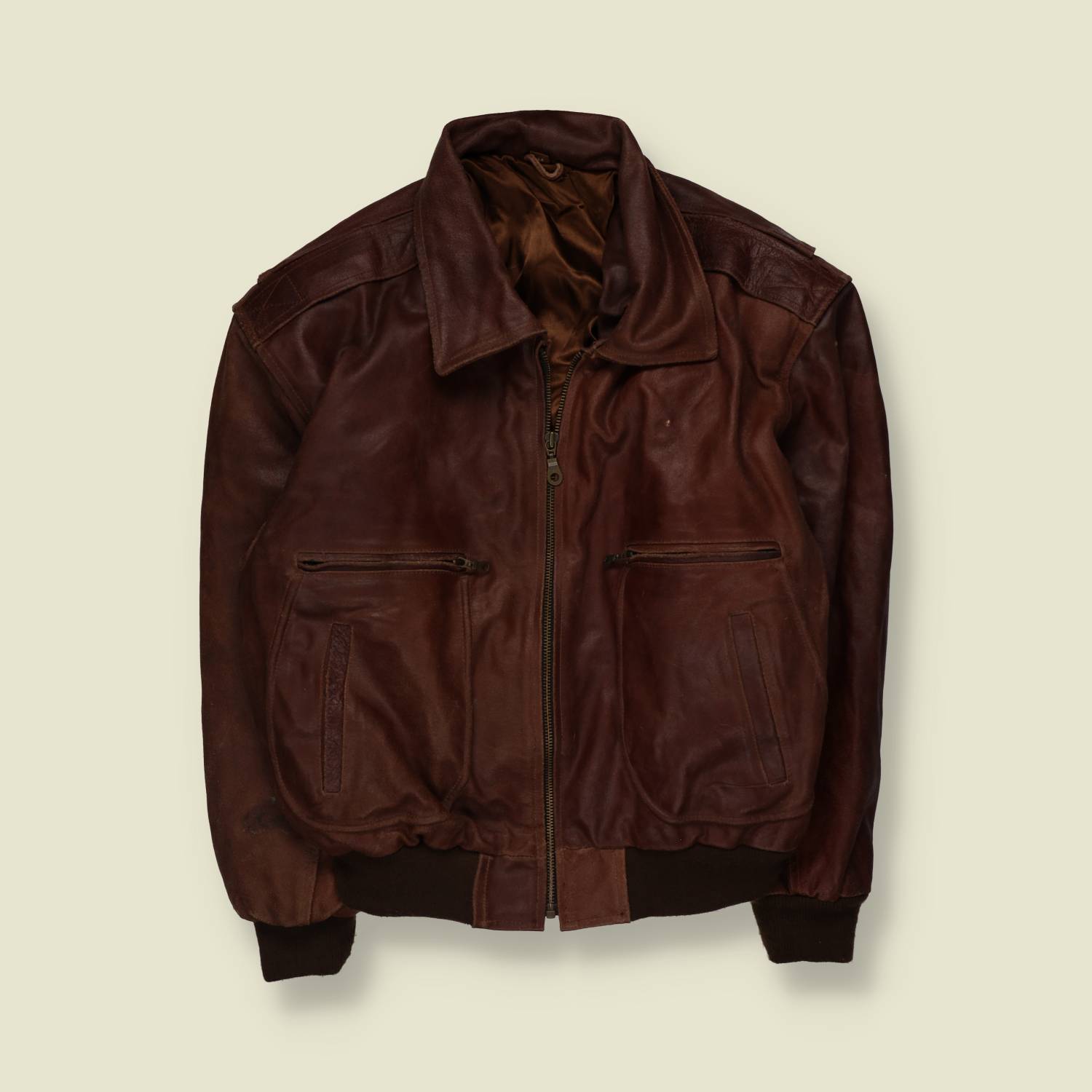 1980s | Heavyweight Leather Flight Jacket - Brown - 3XL